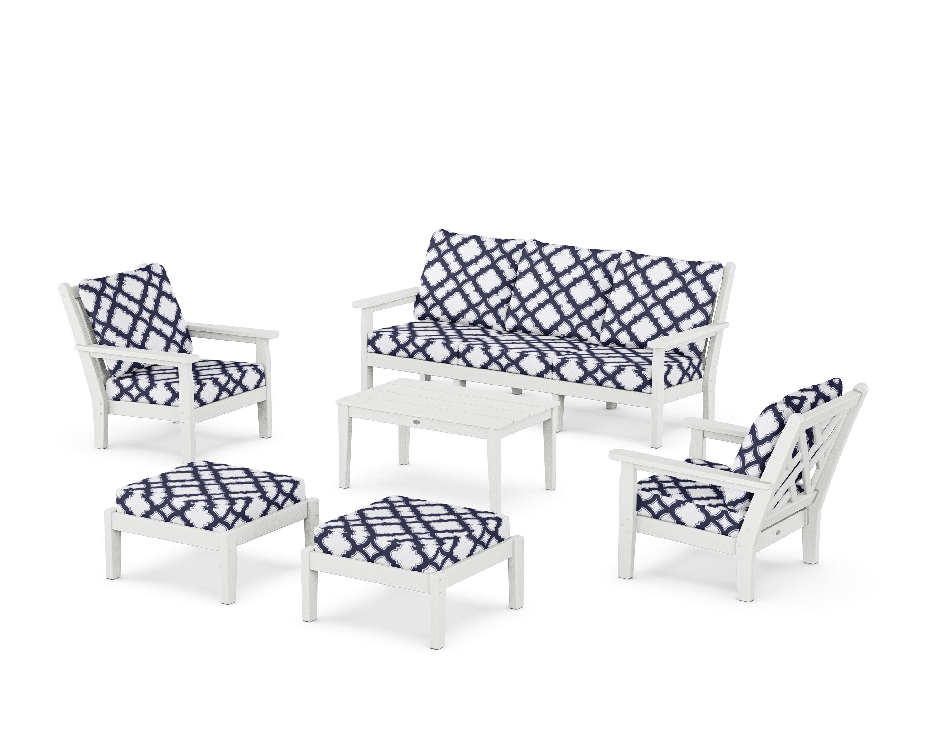 Chippendale 6-Piece Lounge Sofa Set in White / Trellis Navy