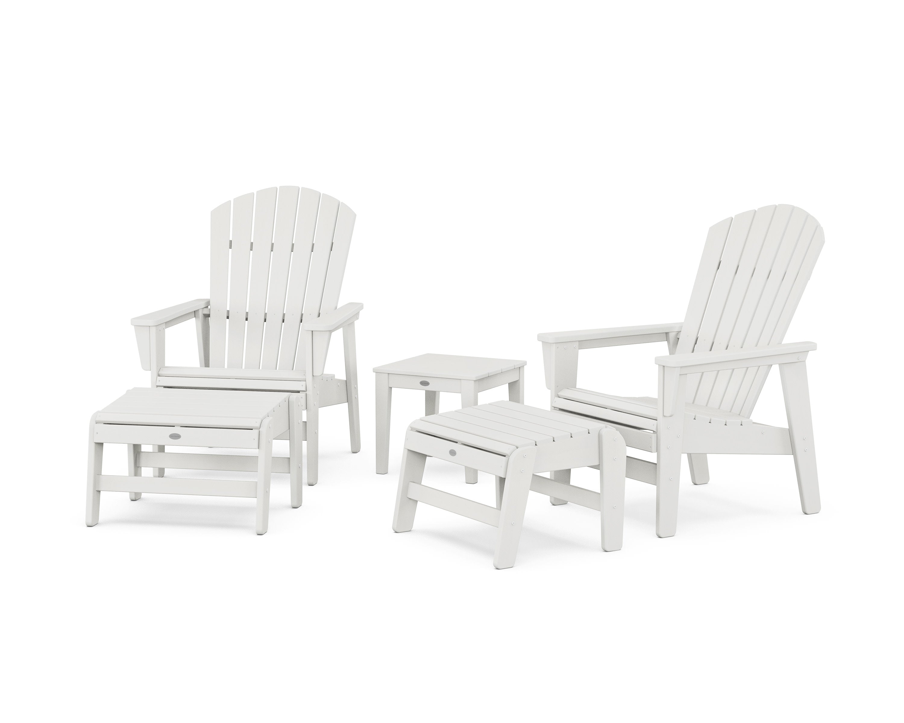 5-Piece Nautical Grand Upright Adirondack Set with Ottomans and Side Table in Vintage White
