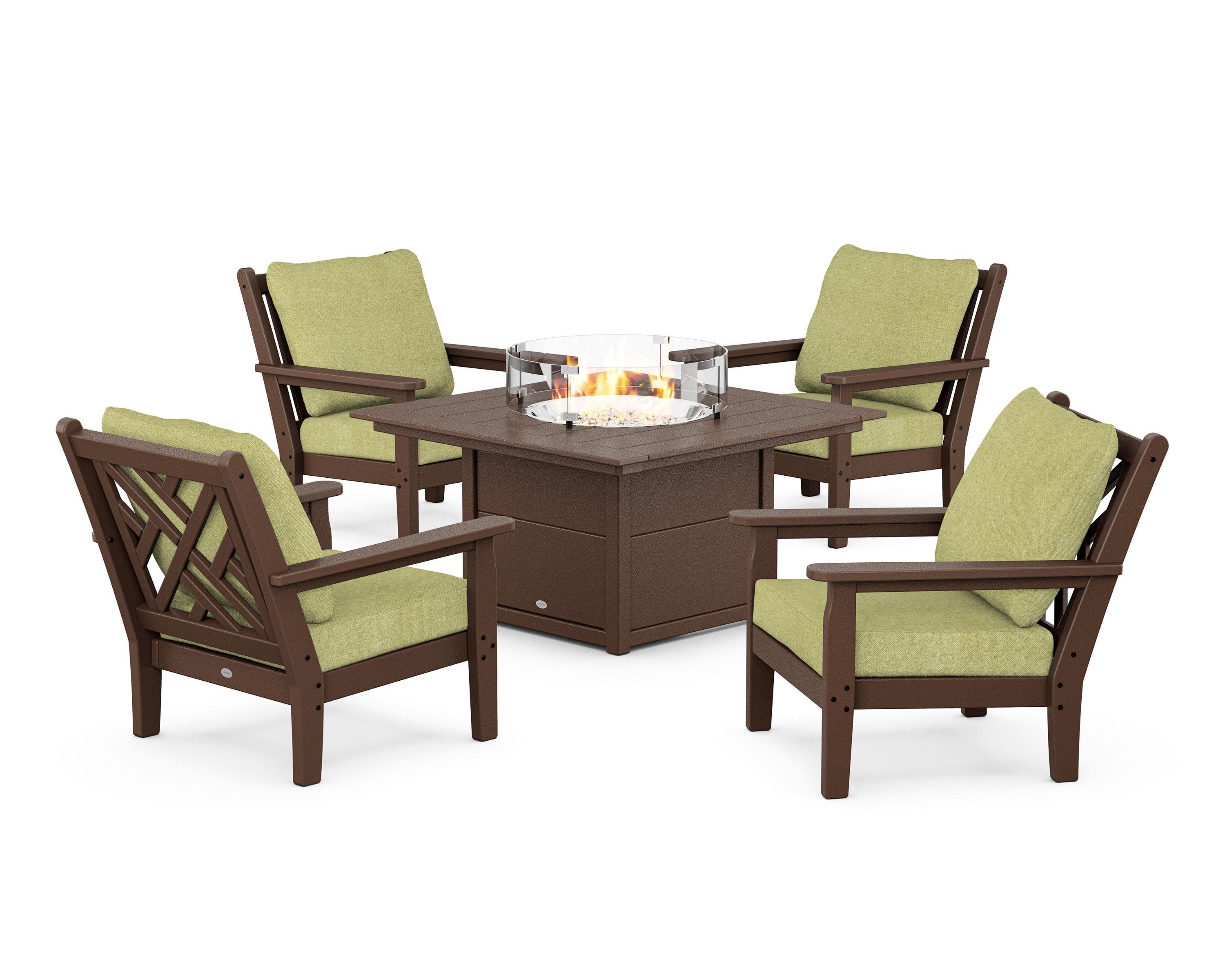 Chippendale 5-Piece Deep Seating Set with Fire Pit Table in Mahogany / Chartreuse Boucle
