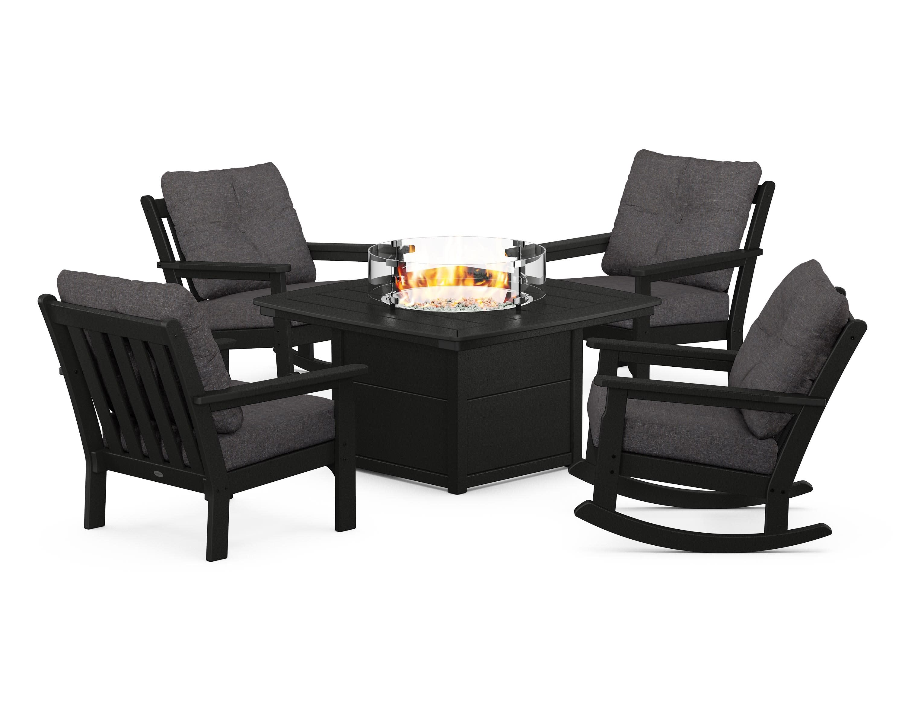 Vineyard 5-Piece Deep Seating Rocking Chair Conversation Set with Fire Pit Table in Black / Ash Charcoal