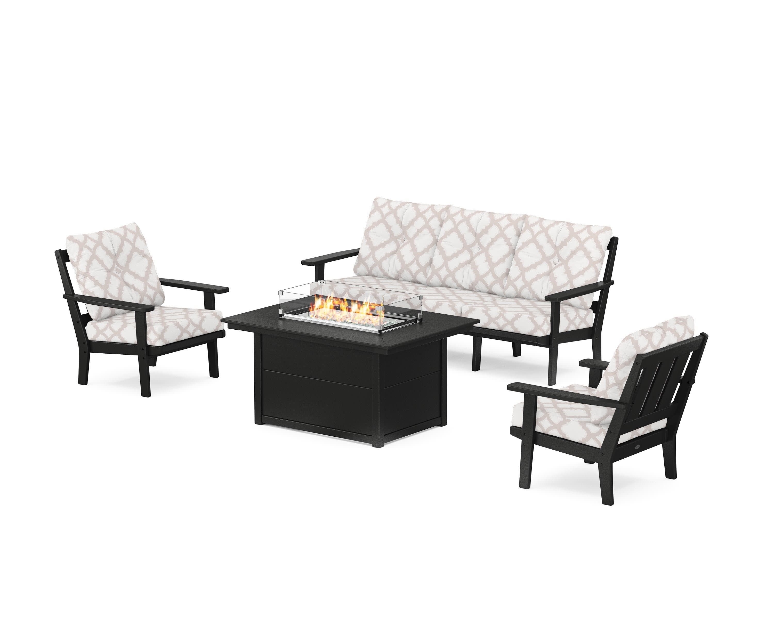 Oxford Deep Seating Fire Pit Table Set in Black / Trellis Dune Burlap