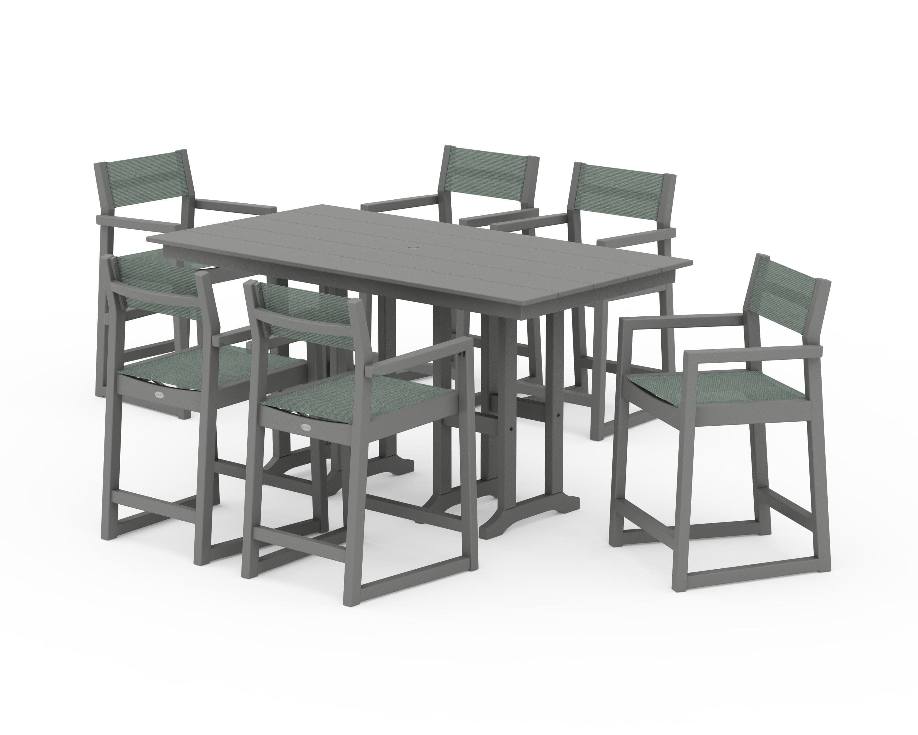 EDGE Sling Arm Chair 7-Piece Farmhouse Counter Set in Slate Grey / Dupioni Sea Mist Sling
