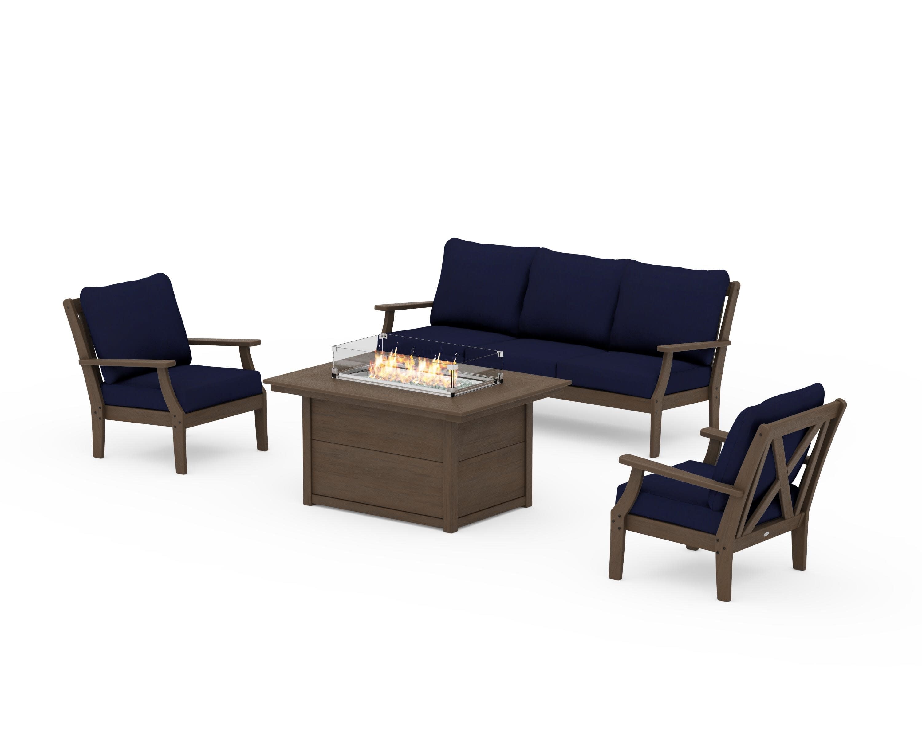 Braxton Deep Seating Fire Pit Table Set in Kona / Navy