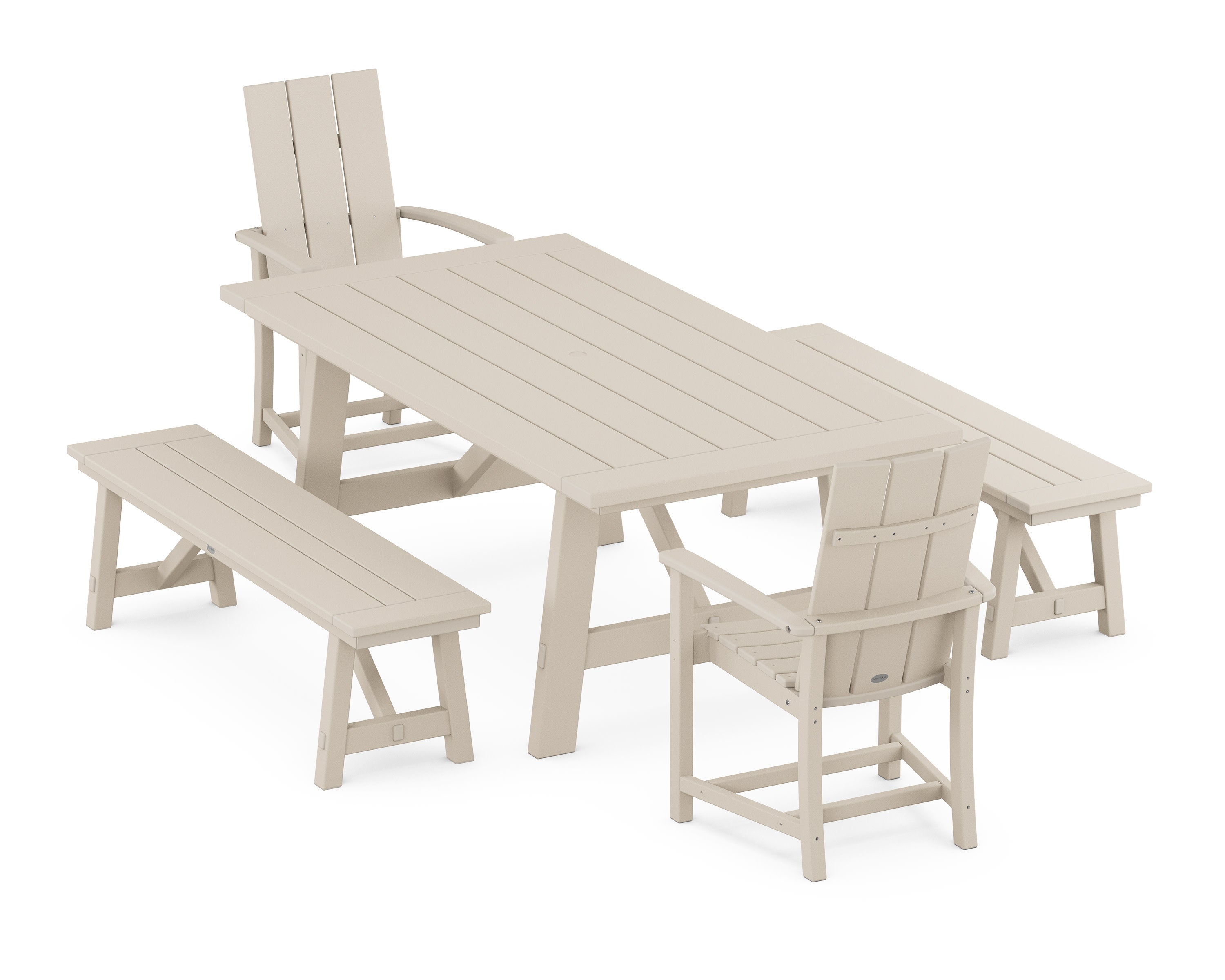 Modern Adirondack 5-Piece Rustic Farmhouse Dining Set With Benches in Sand
