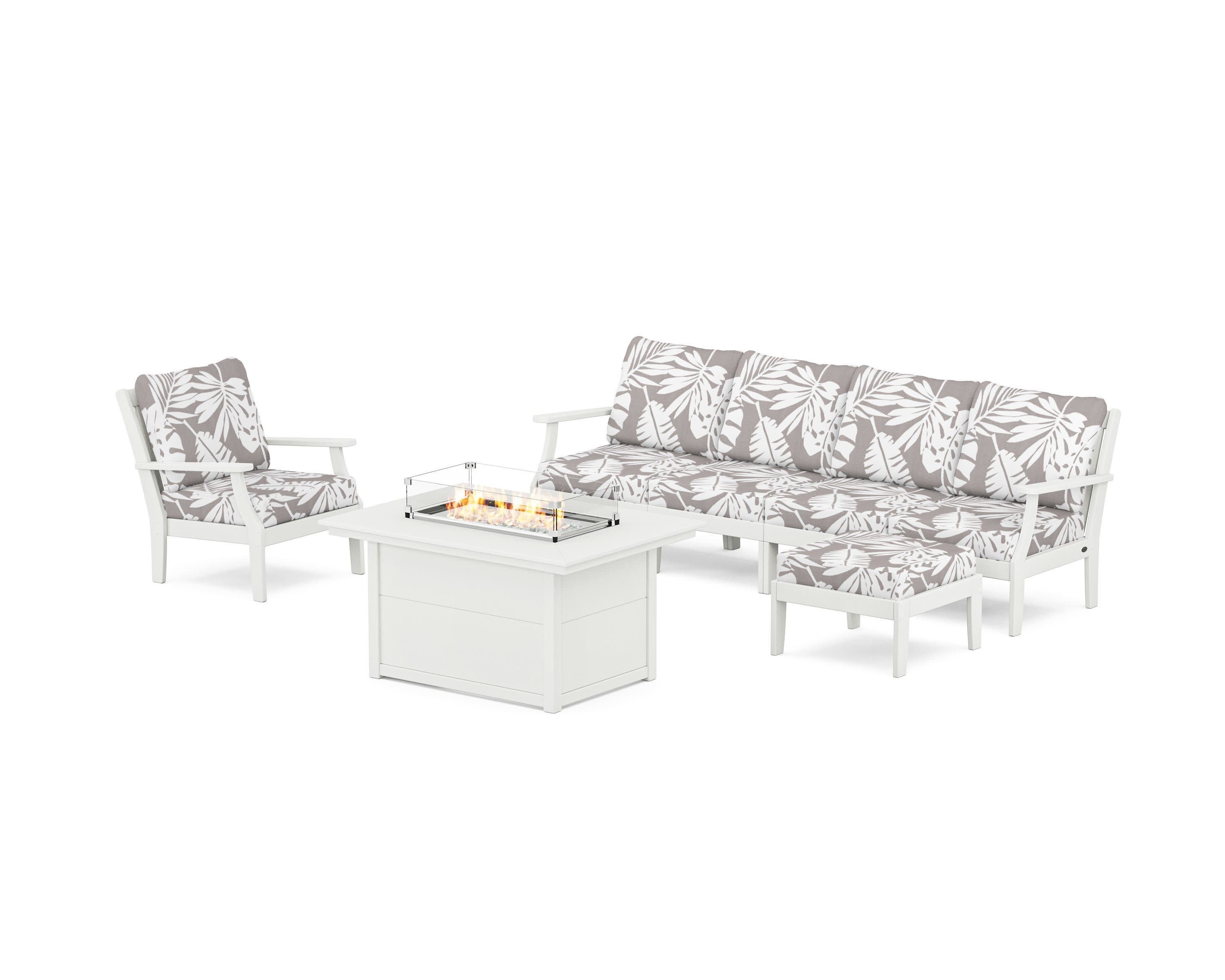 Braxton Sectional Lounge and Fire Pit Set in Vintage White / Leaf Grey Mist