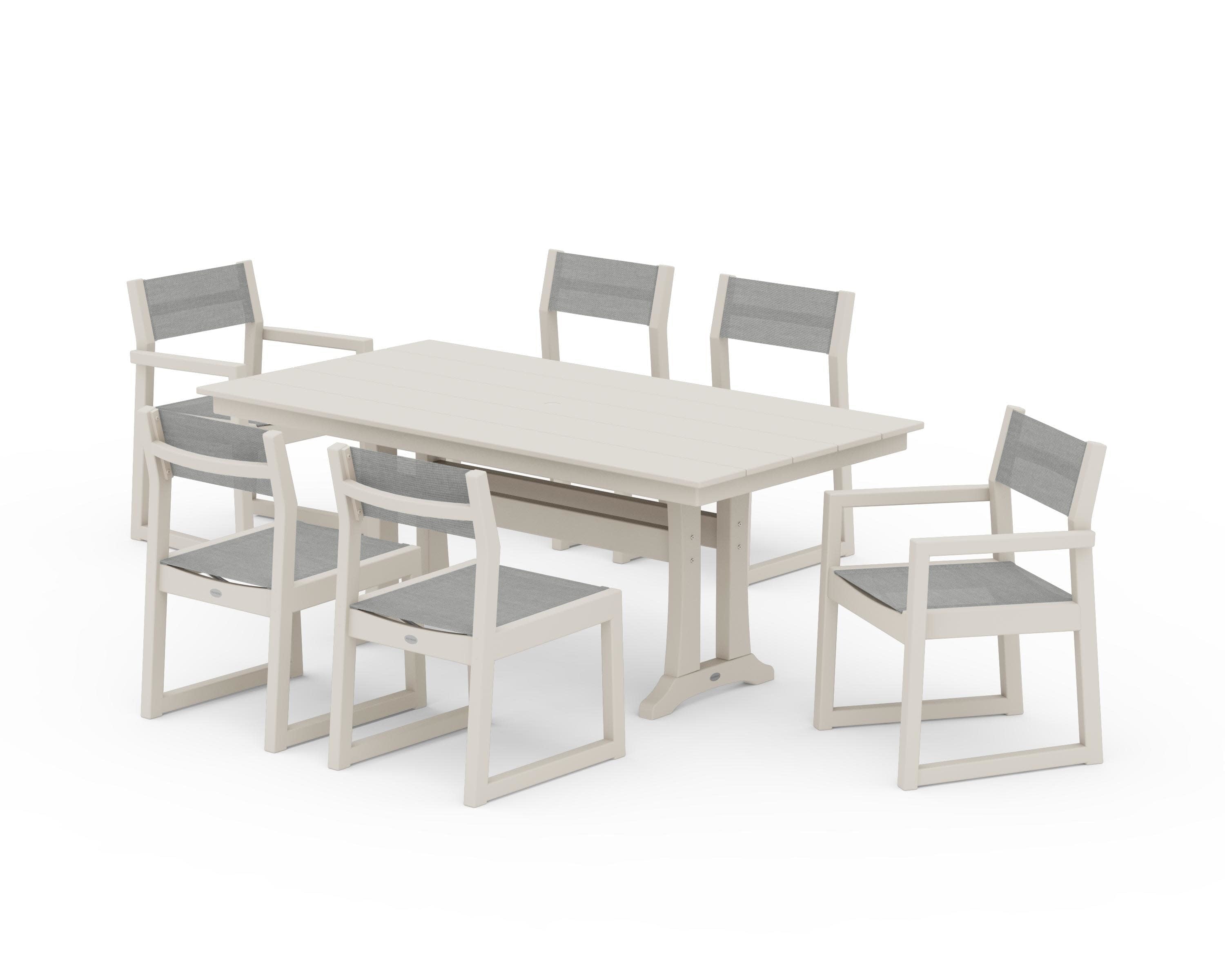 EDGE Sling 7-Piece Farmhouse Trestle Dining Set in Sand / Metallic Sling