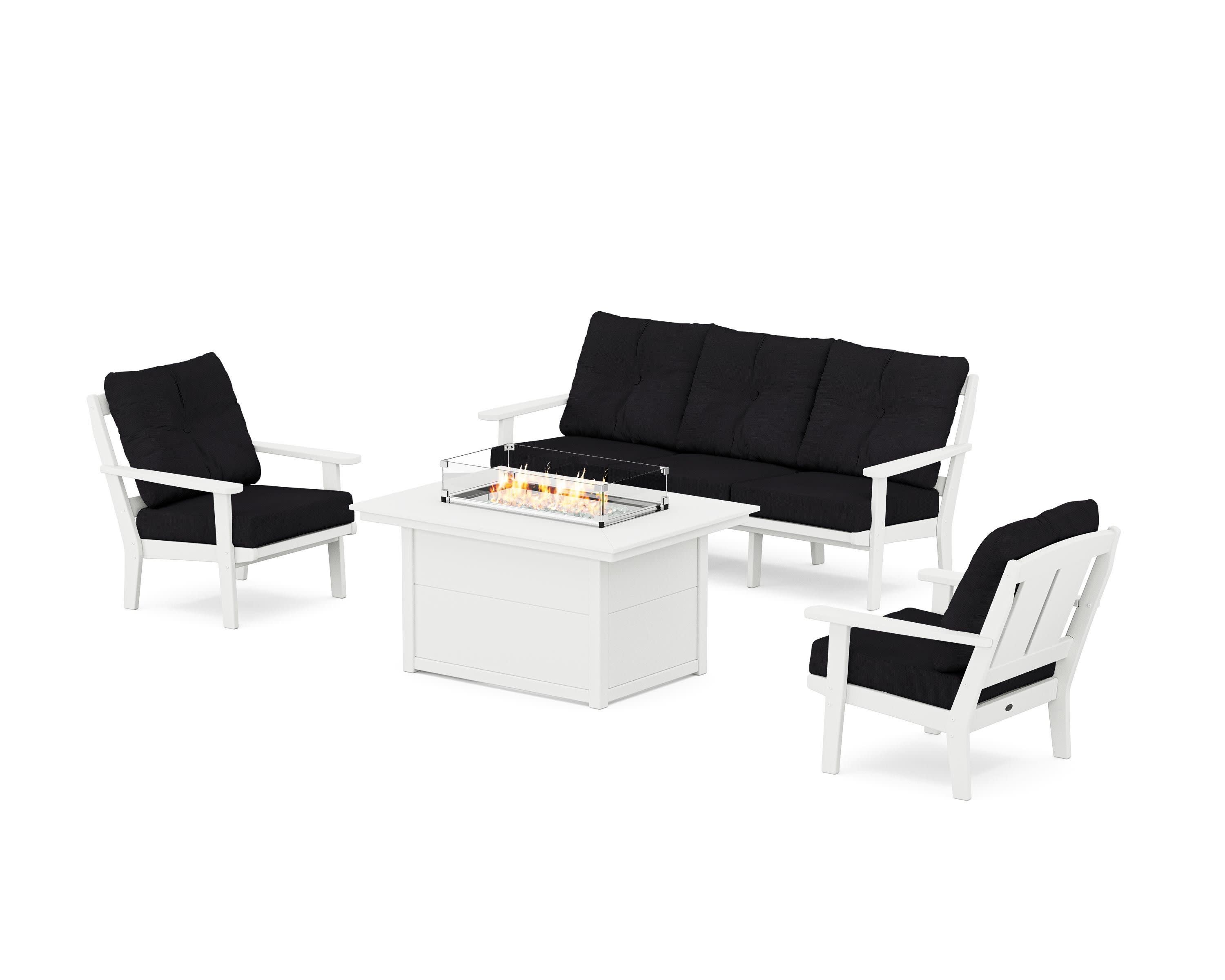 Mission Deep Seating Fire Pit Table Set in White / Midnight Linen