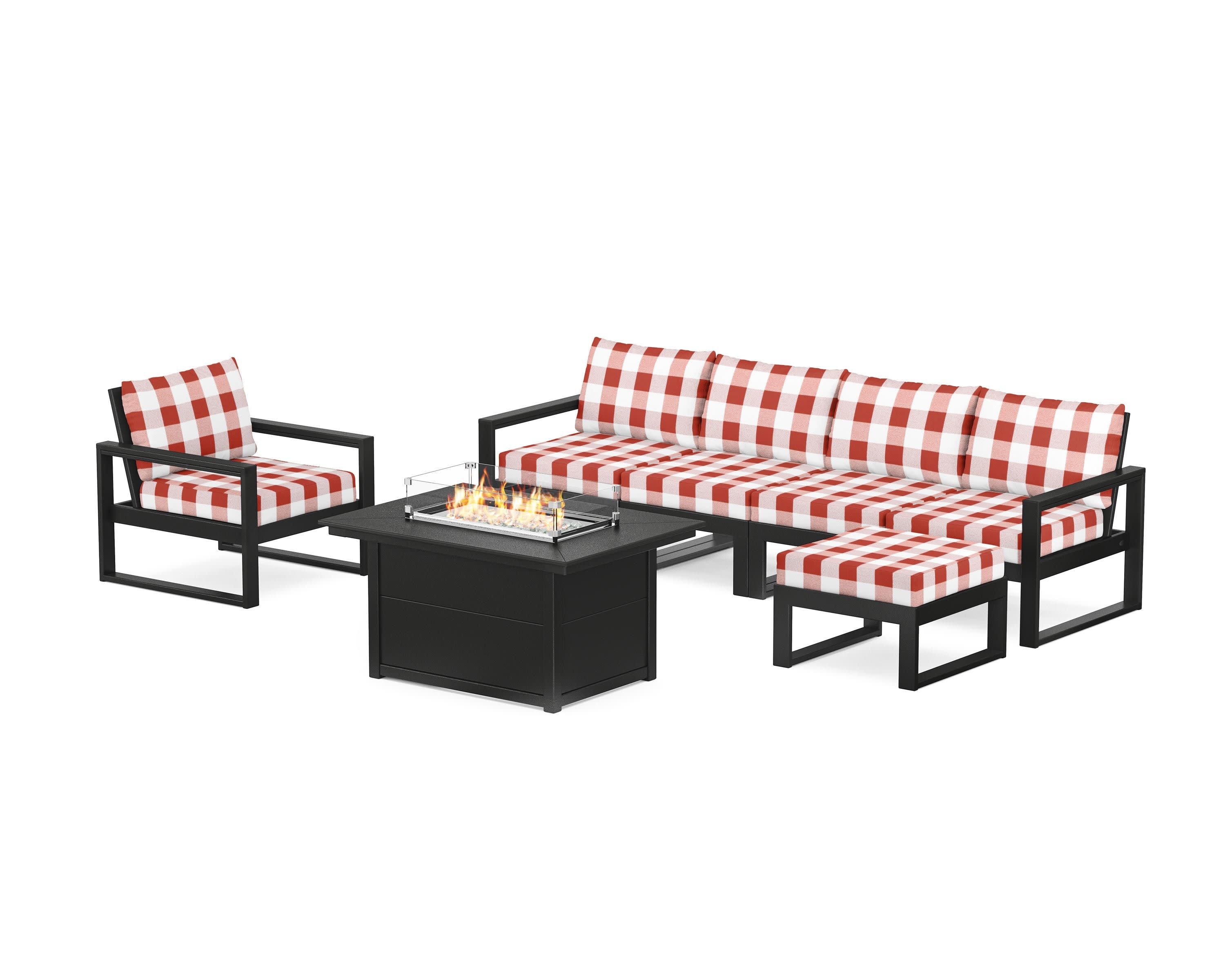 EDGE Sectional Lounge and Fire Pit Set in Black / Buffalo Plaid Crimson