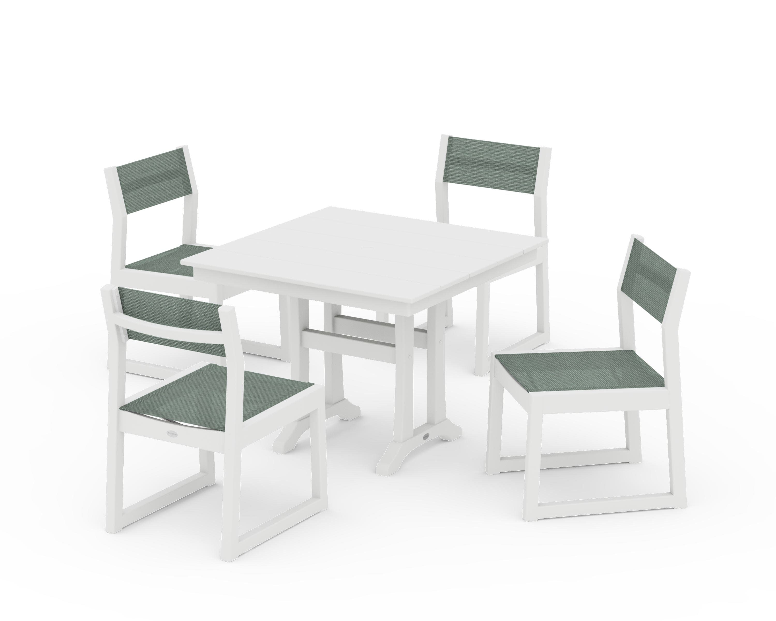 EDGE Sling 5-Piece Farmhouse Trestle Side Chair Dining Set in White / Dupioni Sea Mist Sling