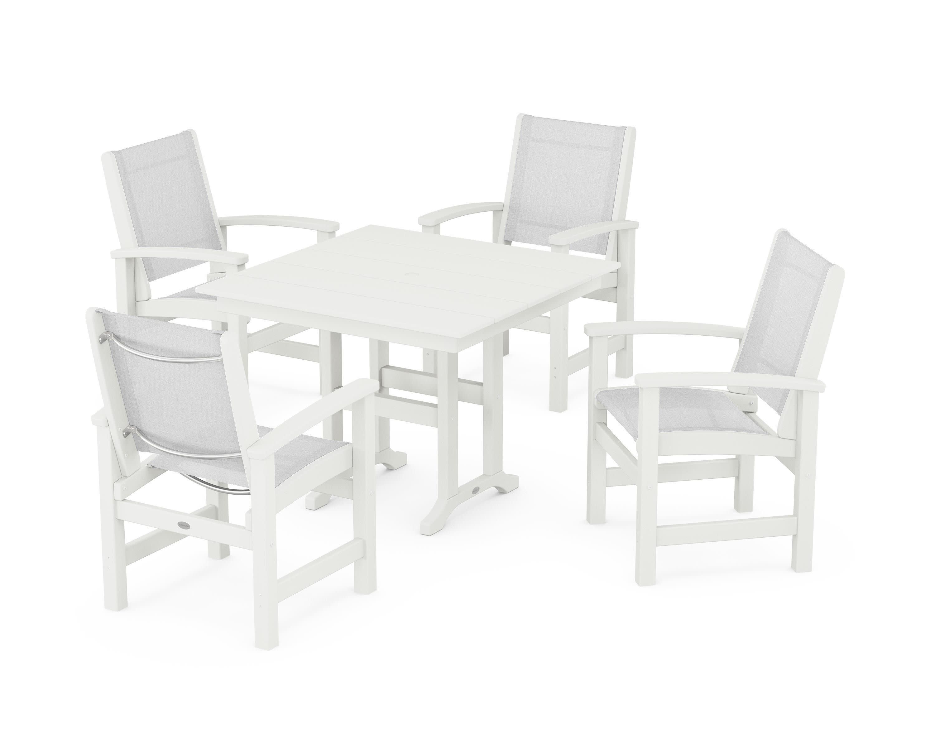Coastal 5-Piece Farmhouse Dining Set in Vintage White / White Sling