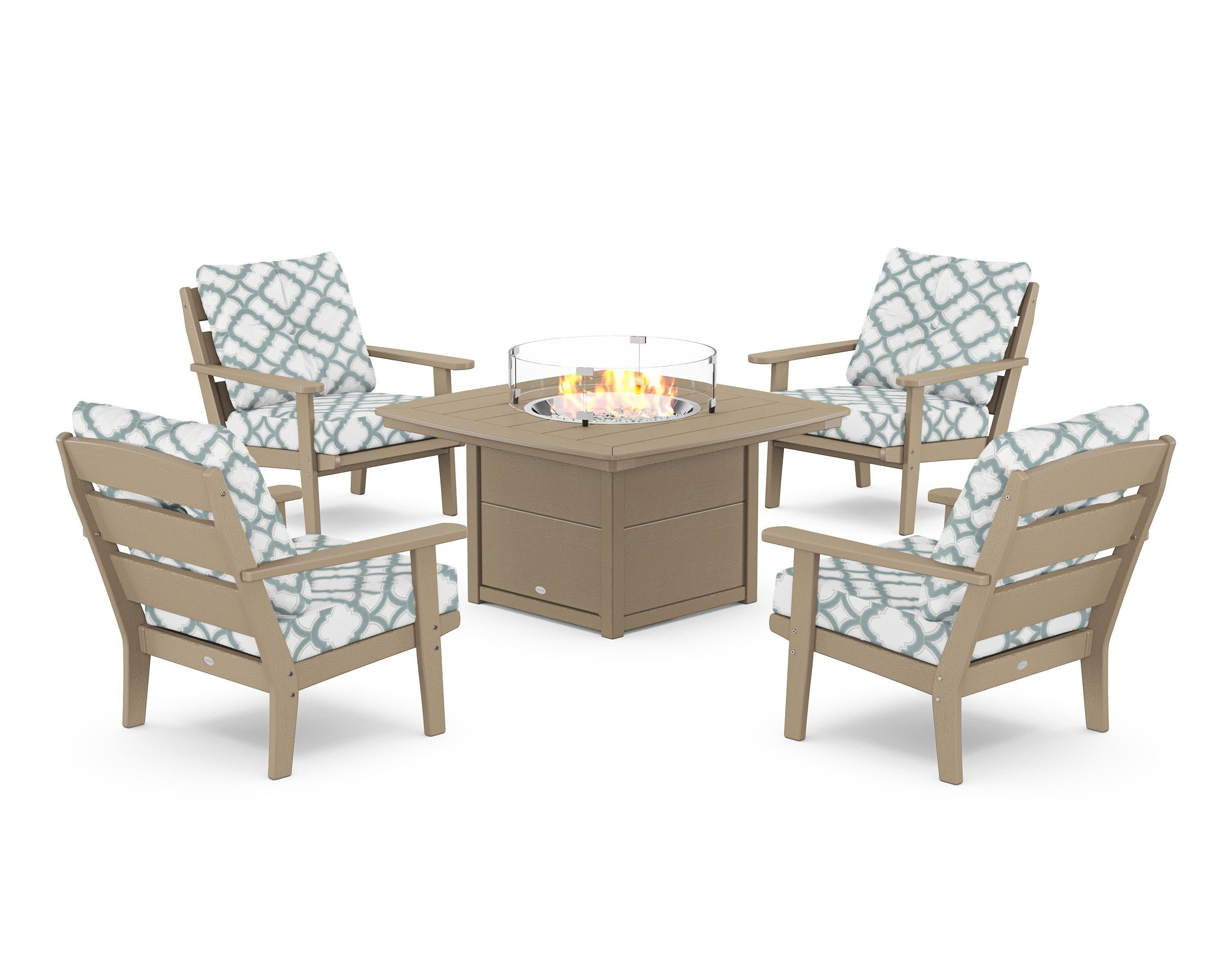 Lakeside 5-Piece Deep Seating Set with Nautical Fire Pit Table in Vintage Sahara / Trellis Glacier Spa