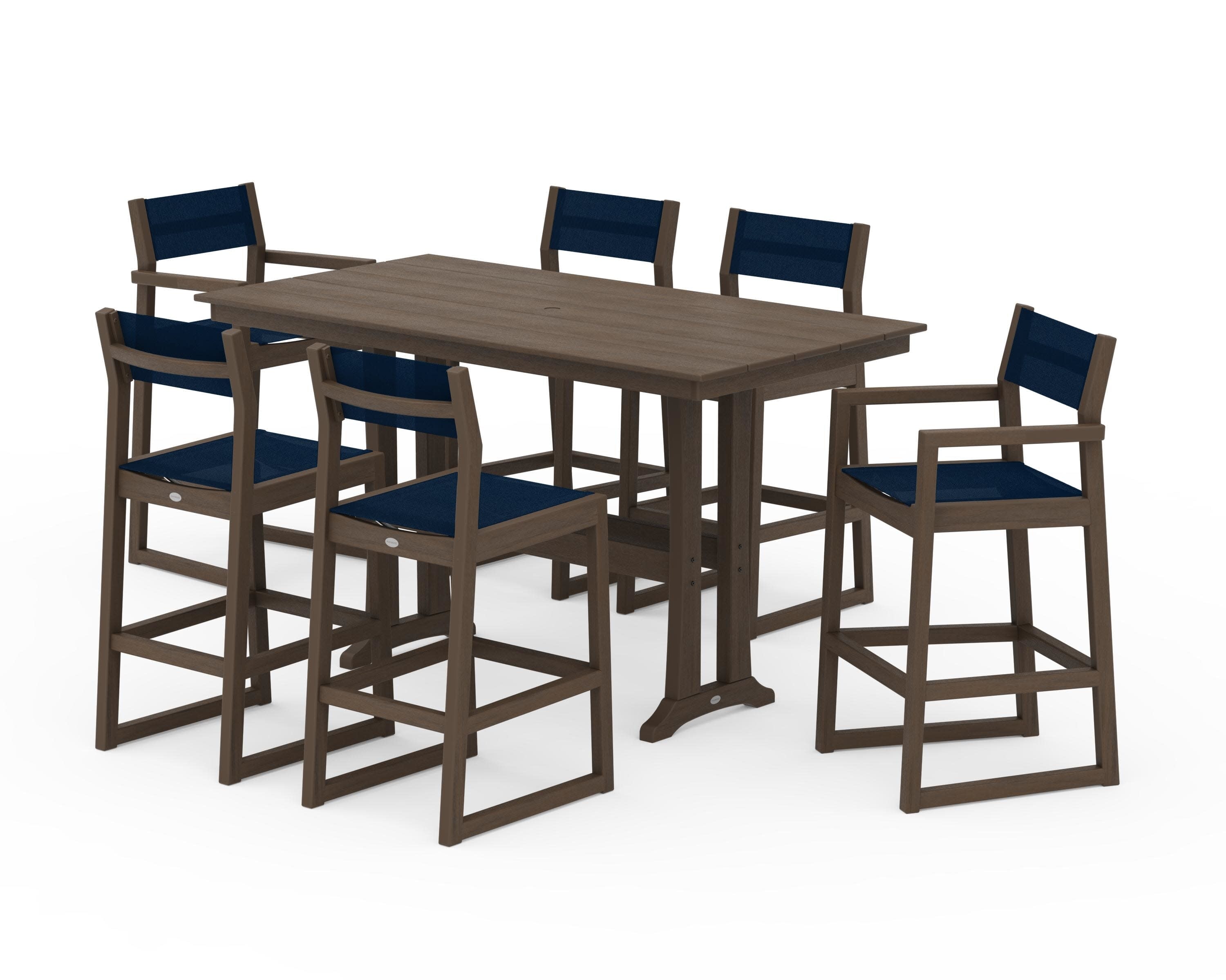 EDGE Sling 7-Piece Farmhouse Bar Set with Trestle Legs in Kona / Navy Blue Sling