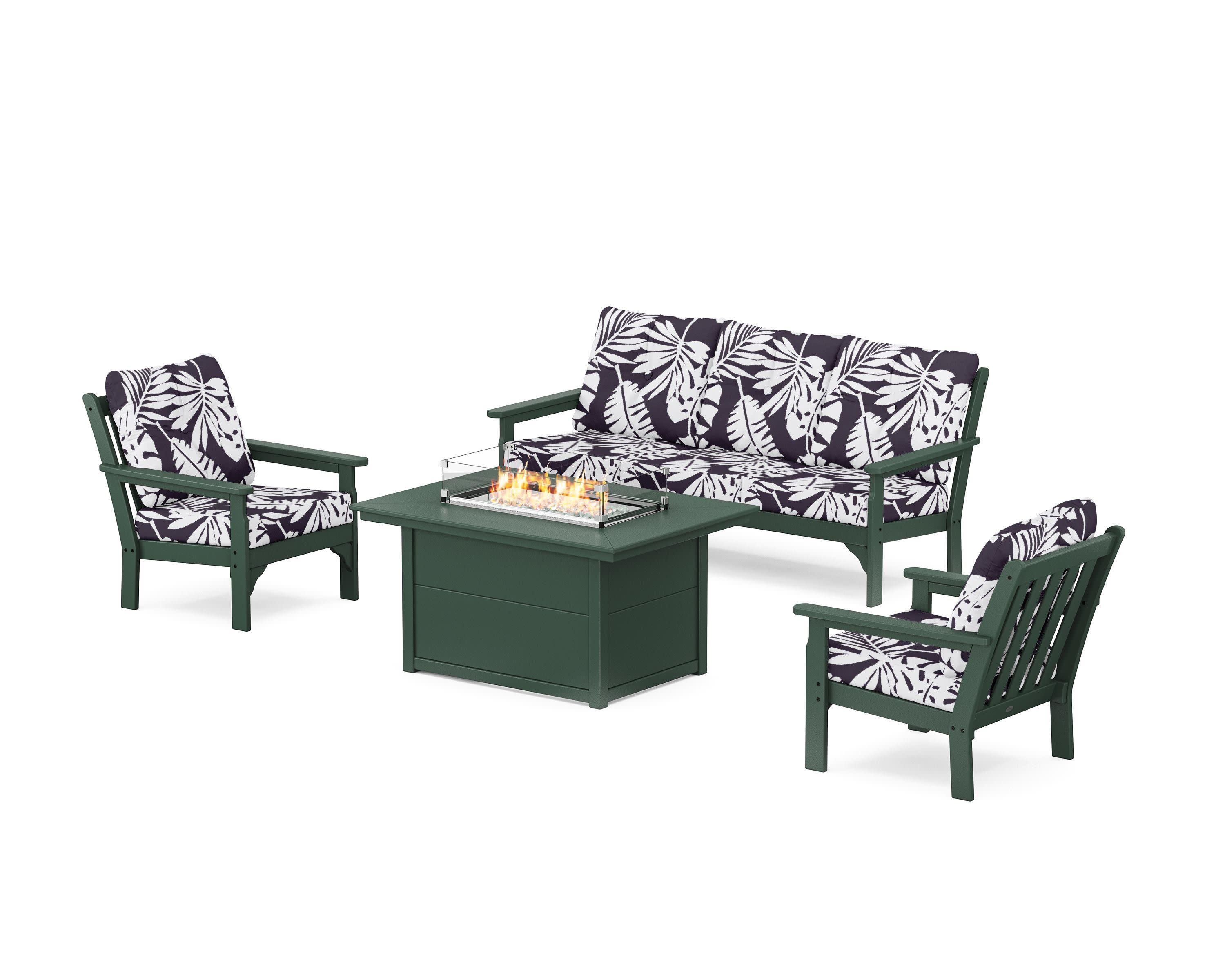 Vineyard Deep Seating Fire Pit Table Set in Green / Leaf Navy