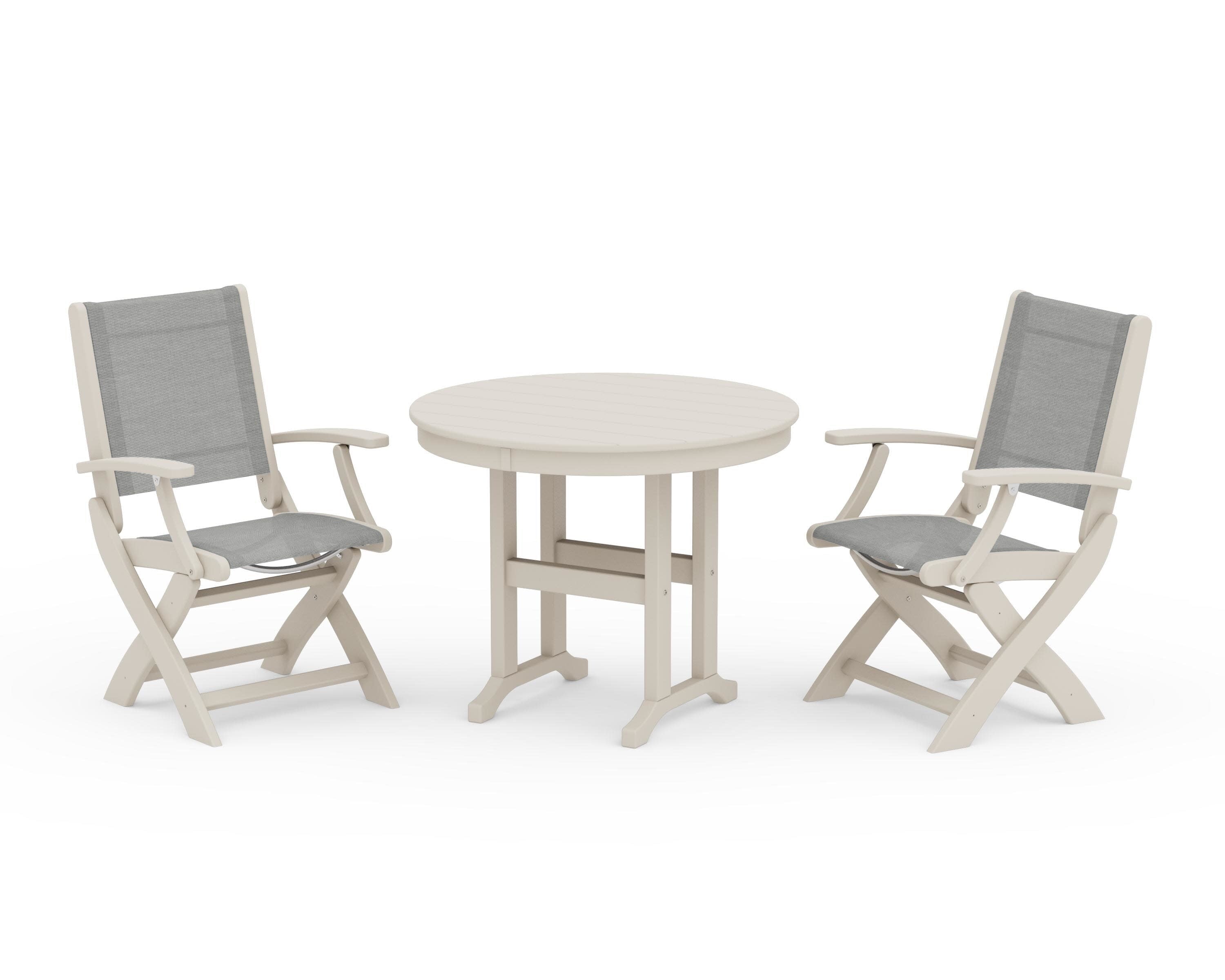 Coastal Folding Chair 3-Piece Round Dining Set in Sand / Metallic Sling