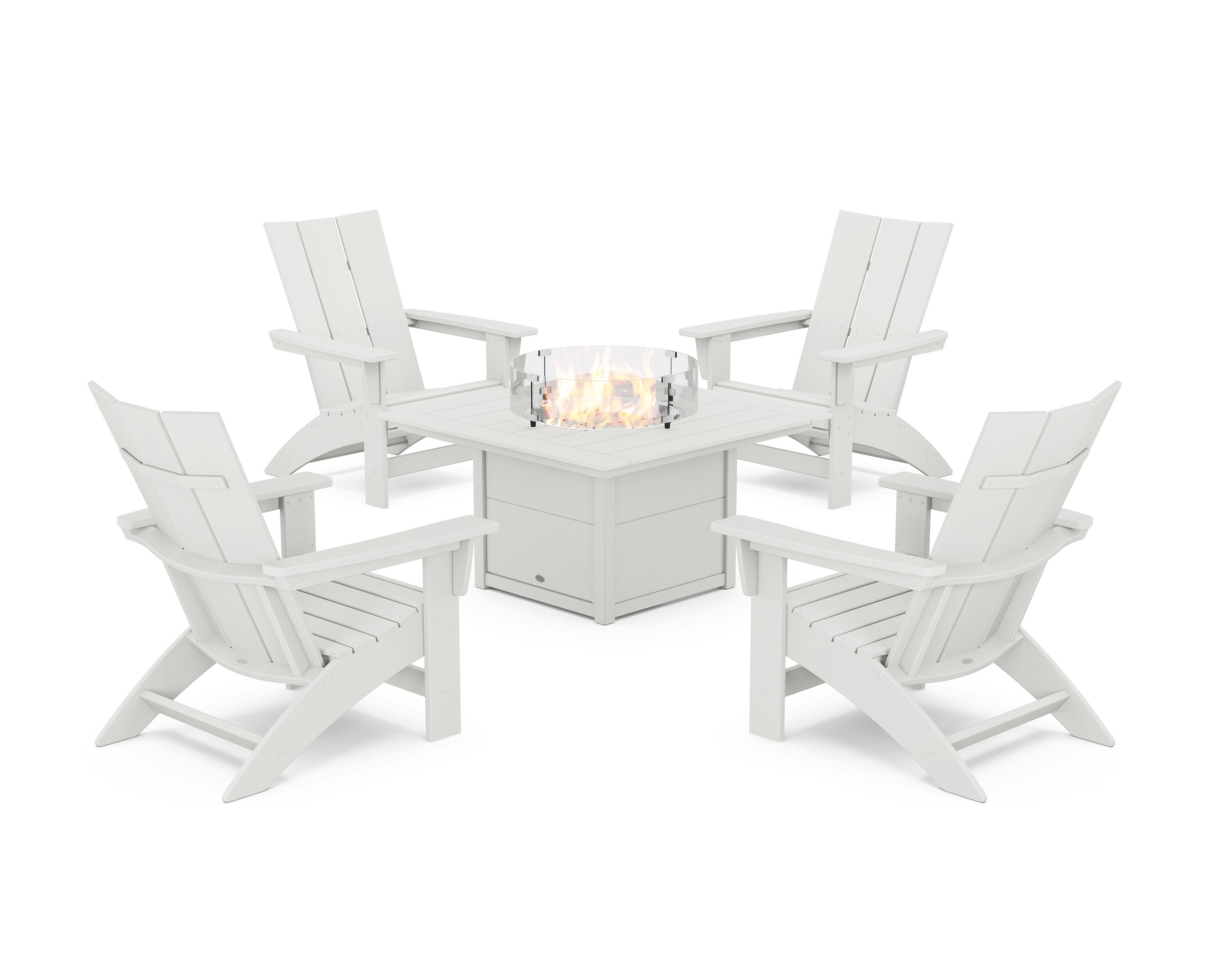 5-Piece Modern Grand Adirondack Conversation Set with Fire Pit Table in Vintage White