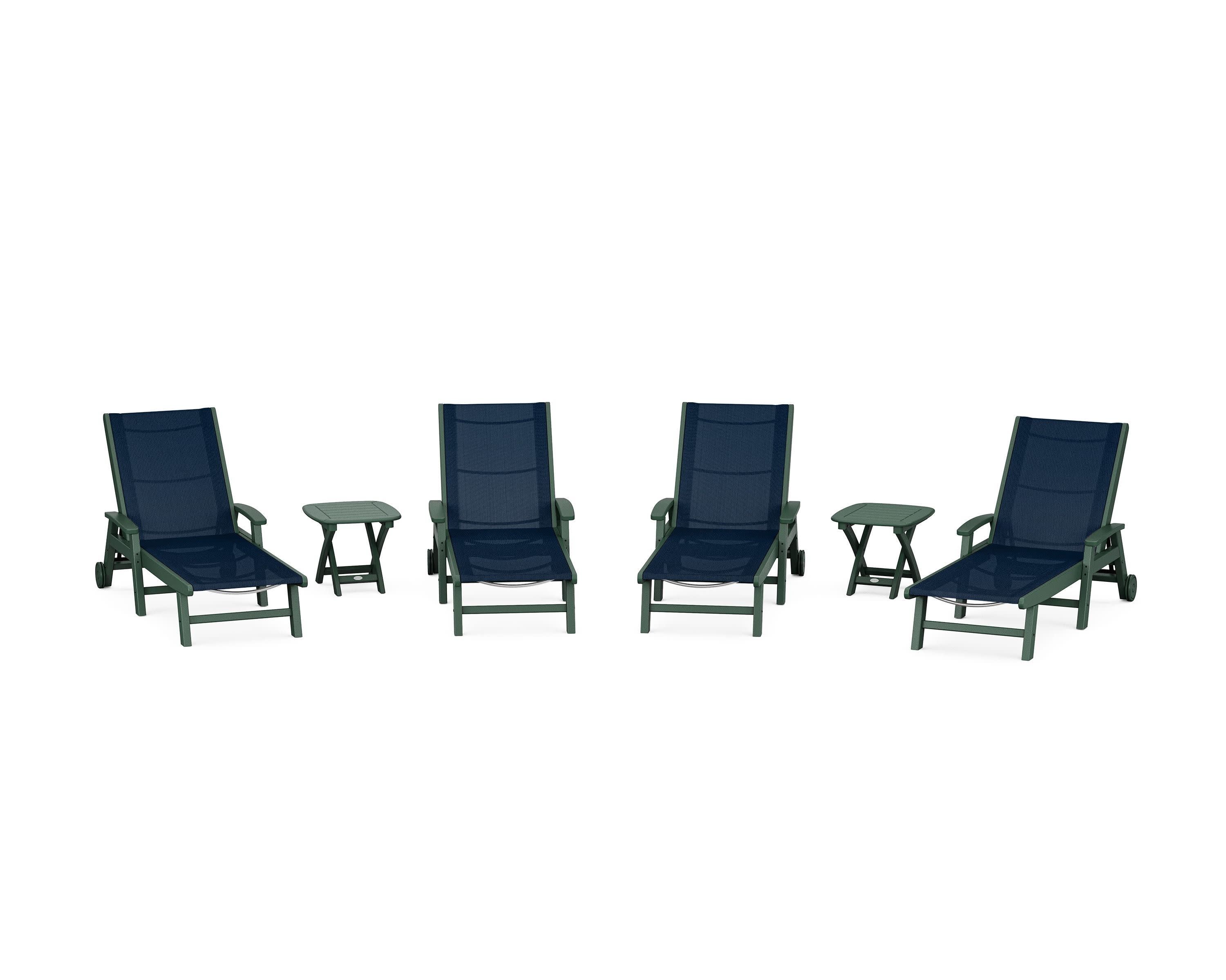Coastal Chaise 6-Piece Set with Wheels in Green / Navy Blue Sling