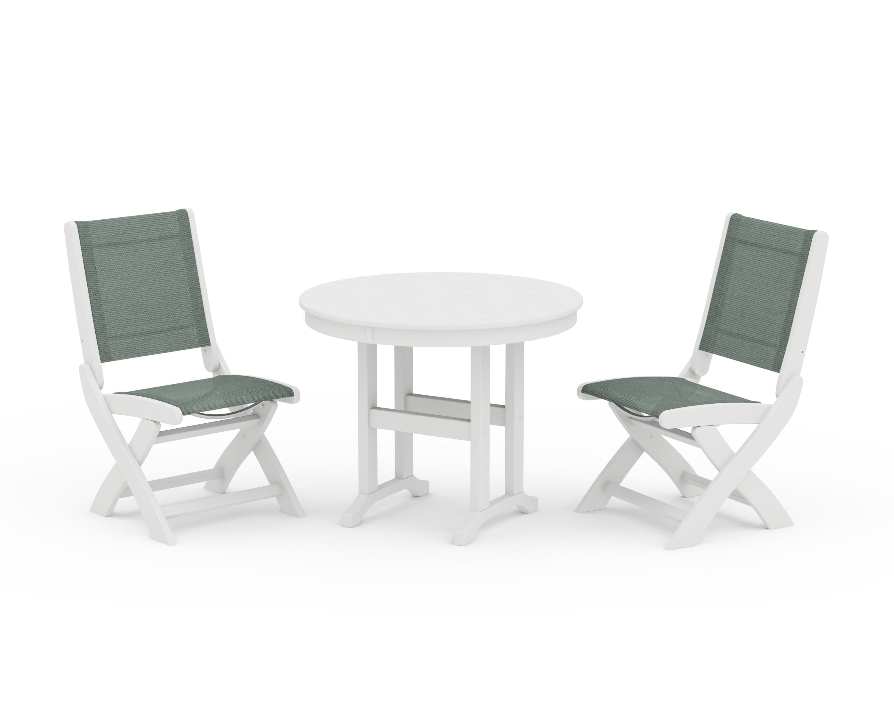 Coastal Folding Side Chair 3-Piece Round Dining Set in White / Dupioni Sea Mist Sling