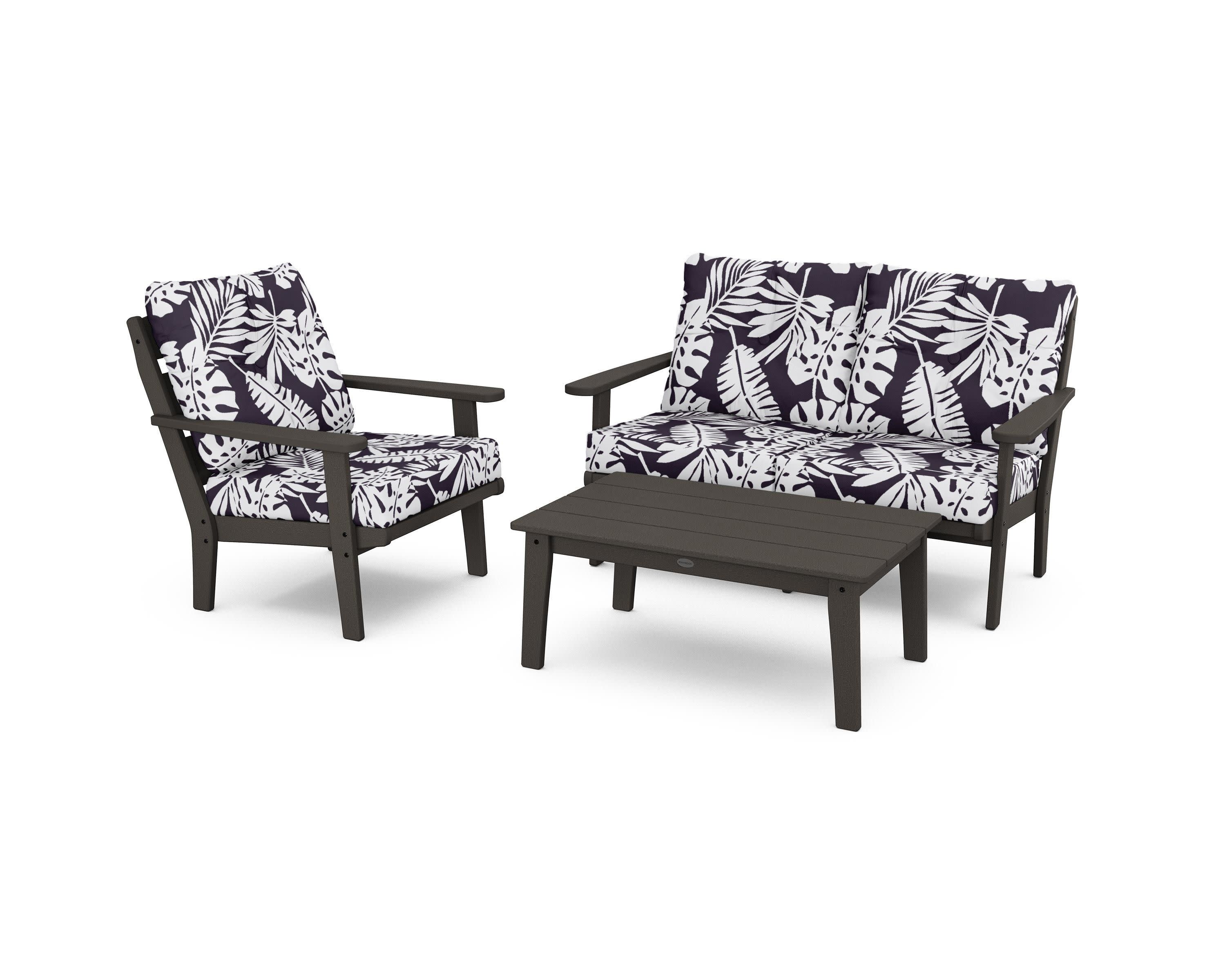 Lakeside 3-Piece Deep Seating Set in Vintage Coffee / Leaf Navy