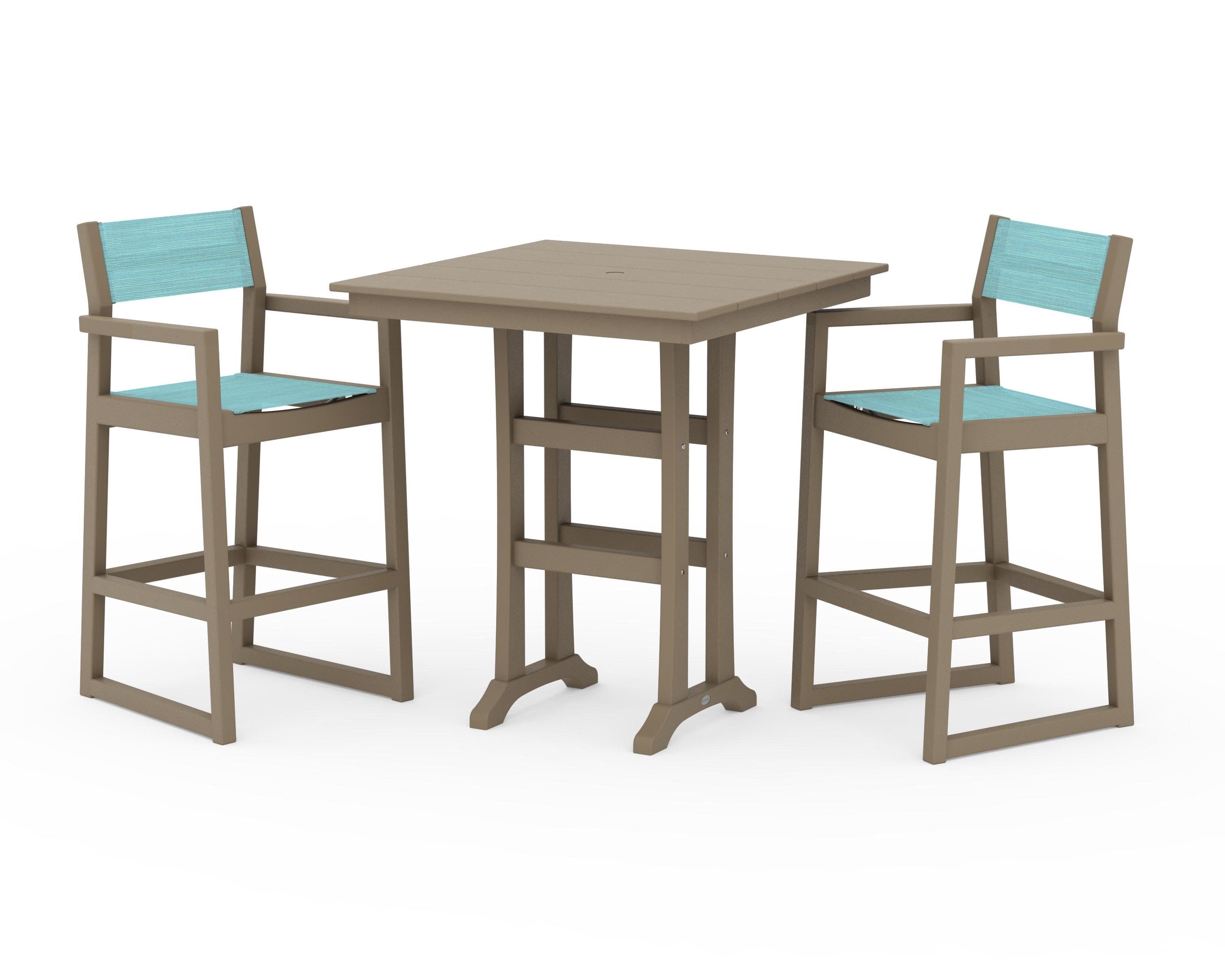 EDGE Sling Arm Chair 3-Piece Farmhouse Bar Set with Trestle Legs in Vintage Sahara / Dupioni Aquamarine Sling