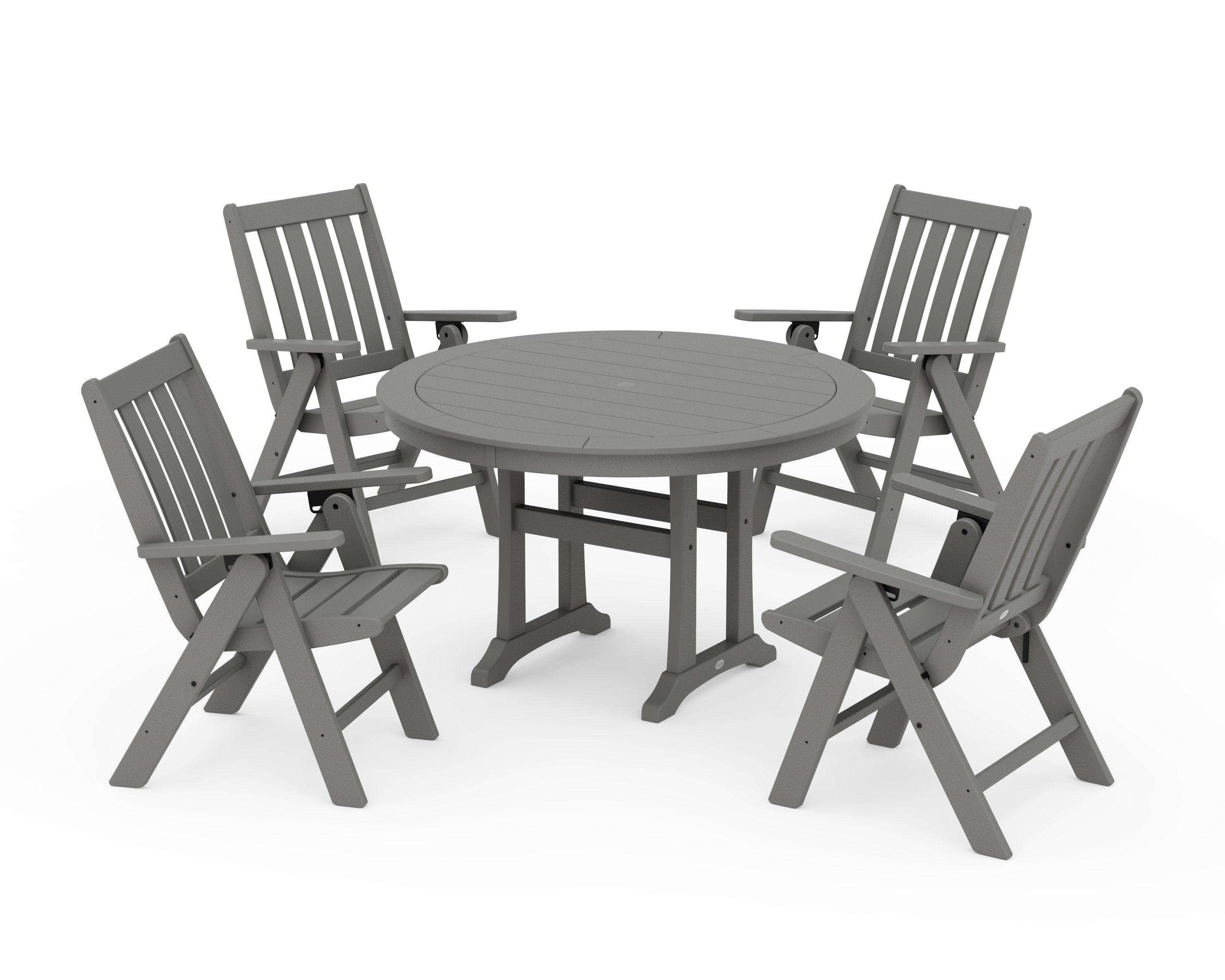 Vineyard Folding Chair 5-Piece Round Dining Set with Trestle Legs in Slate Grey