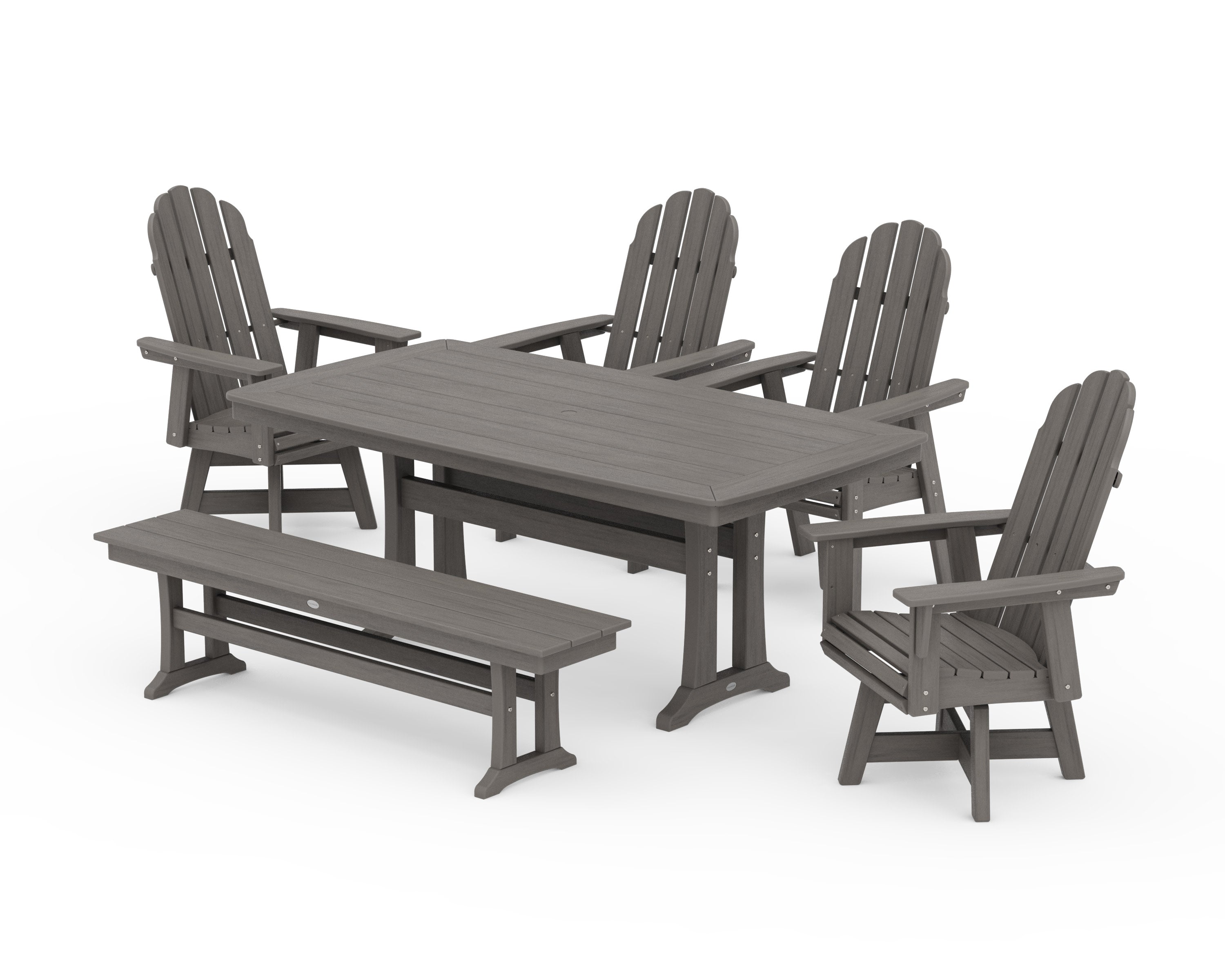 Vineyard Curveback Adirondack Swivel Chair 6-Piece Dining Set with Trestle Legs and Bench in Driftwood
