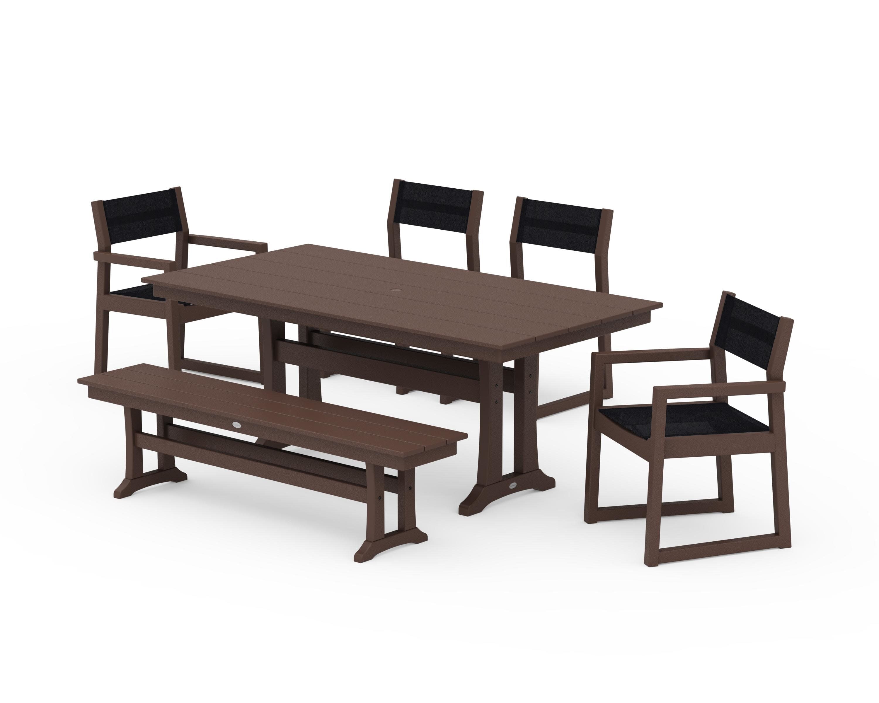 EDGE Sling 6-Piece Farmhouse Dining Set With Trestle Legs in Mahogany / Black Sling