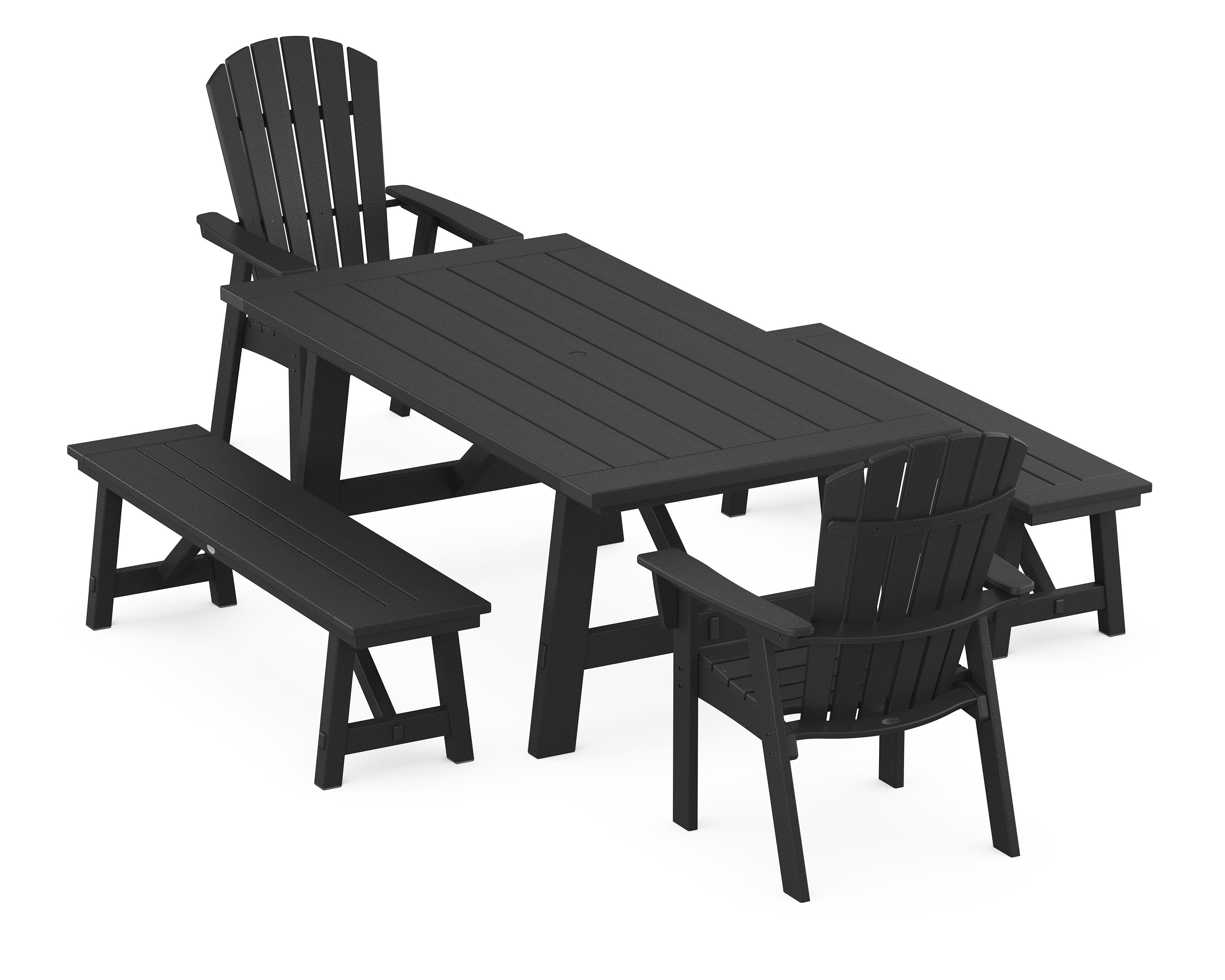 Nautical Curveback Adirondack 5-Piece Rustic Farmhouse Dining Set With Benches in Black