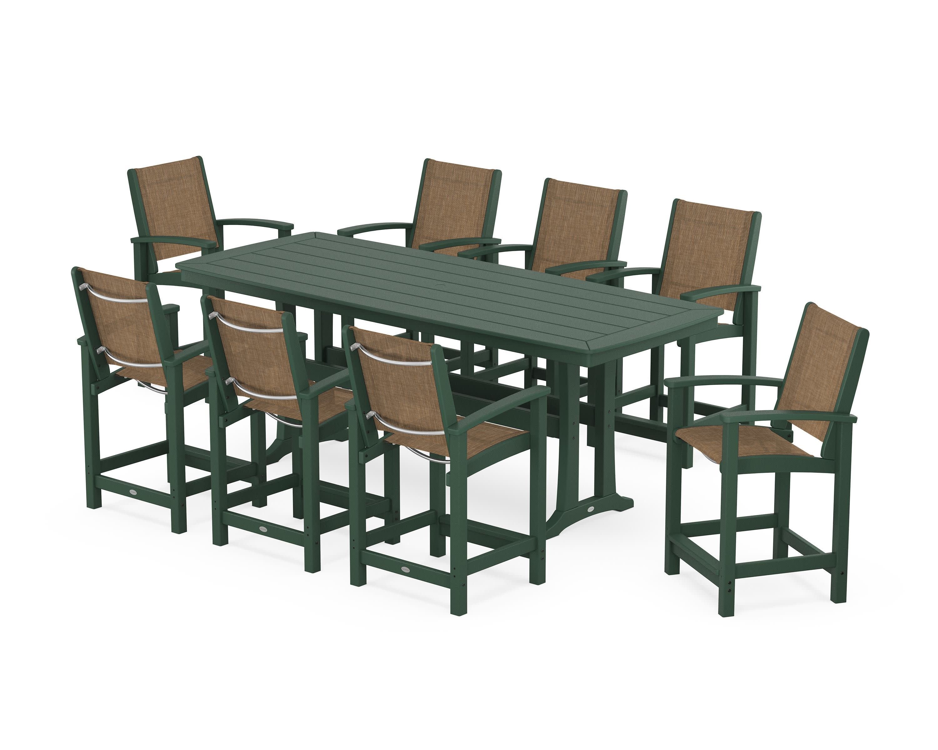 Coastal 9-Piece Counter Set with Trestle Legs in Green / Burlap Sling