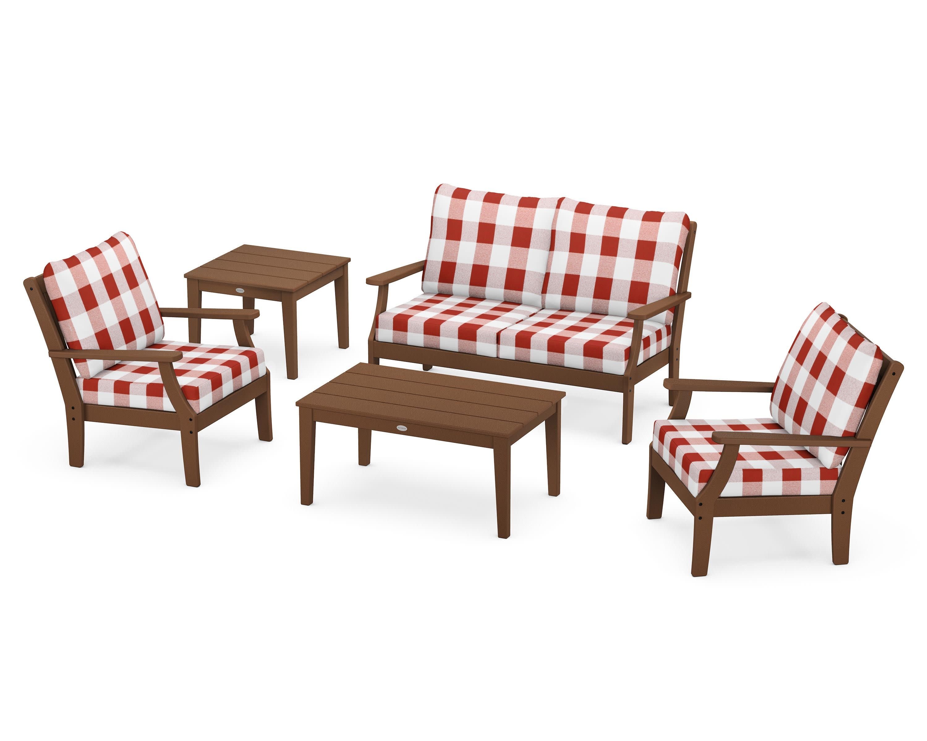 Braxton 5-Piece Deep Seating Set in Teak / Buffalo Plaid Crimson