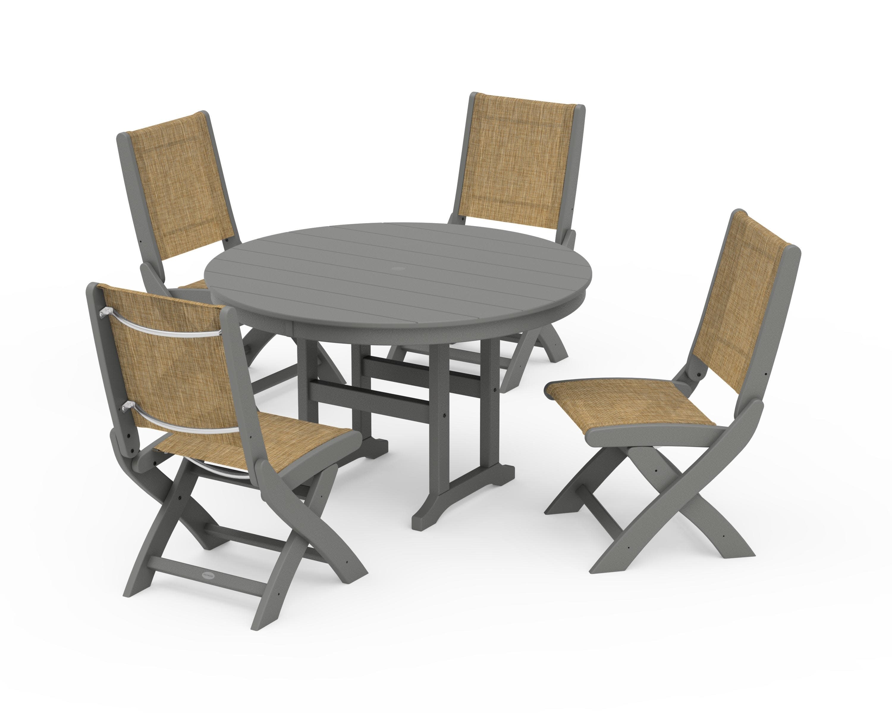 Coastal Folding Side Chair 5-Piece Round Dining Set in Slate Grey / Burlap Sling