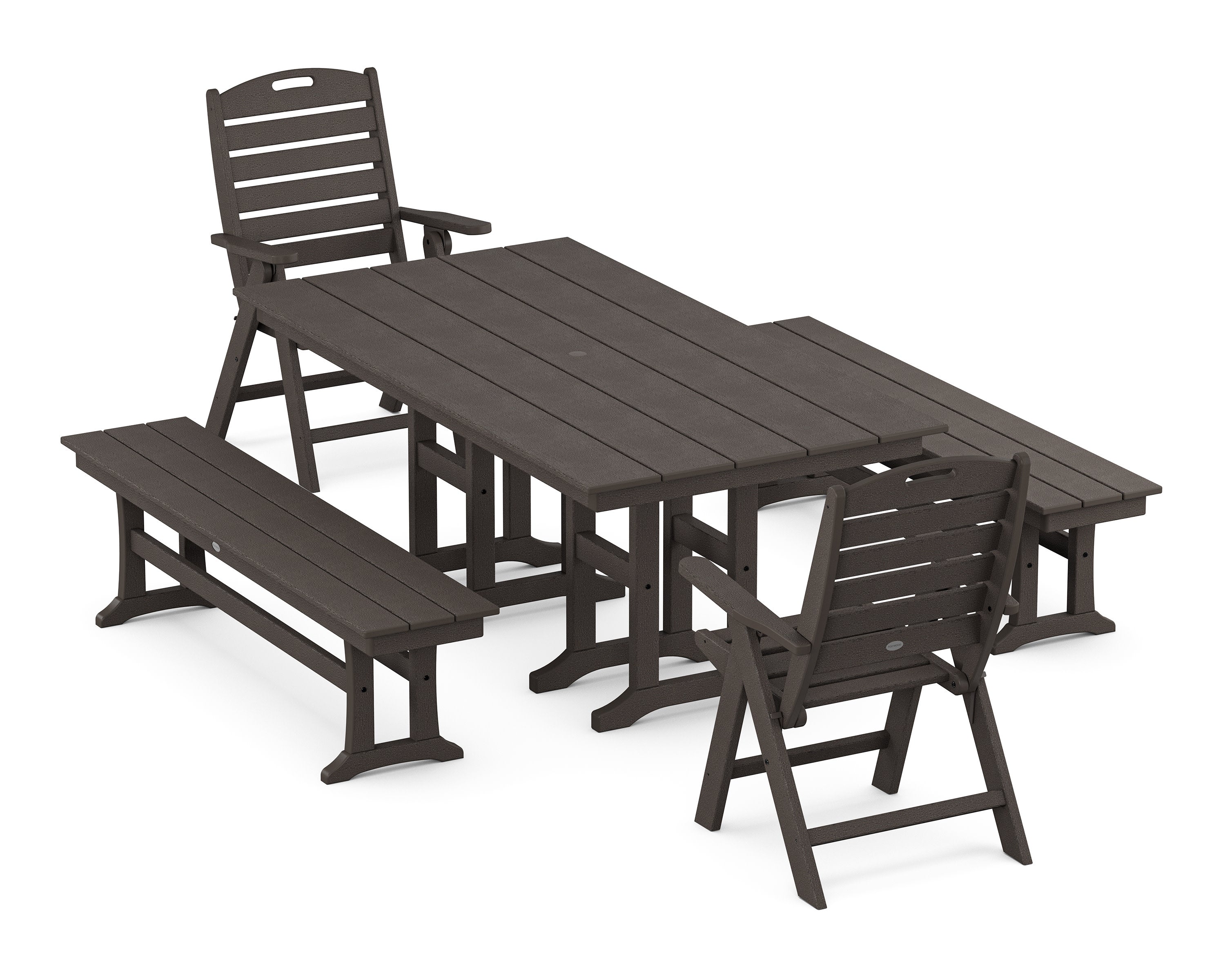 Nautical Highback 5-Piece Farmhouse Dining Set with Benches in Vintage Coffee