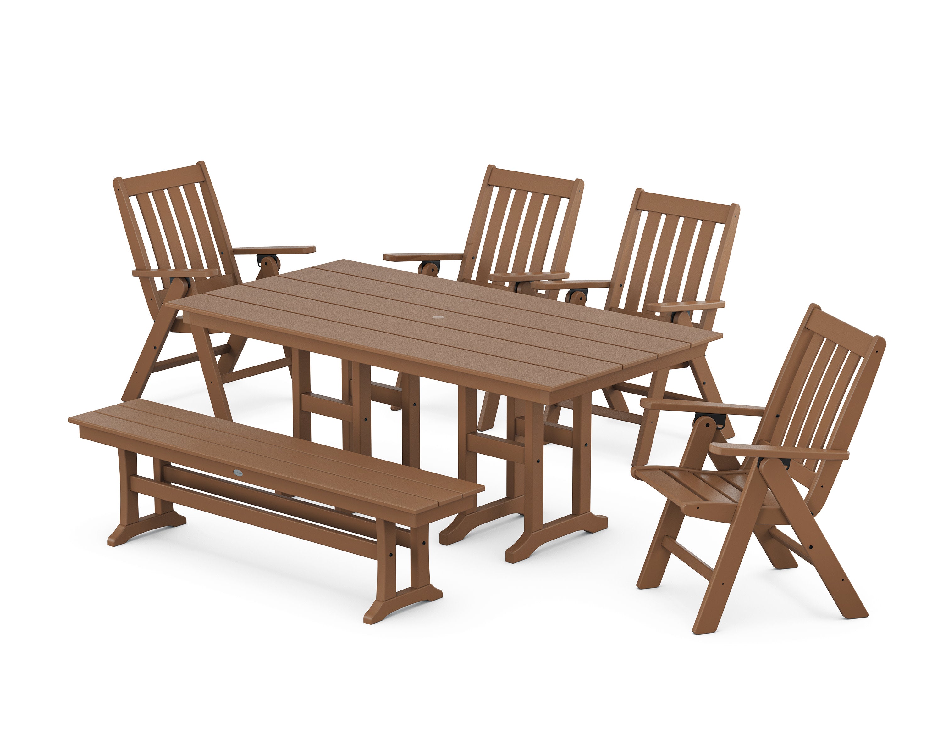 Vineyard Folding Chair 6-Piece Farmhouse Dining Set with Bench in Teak