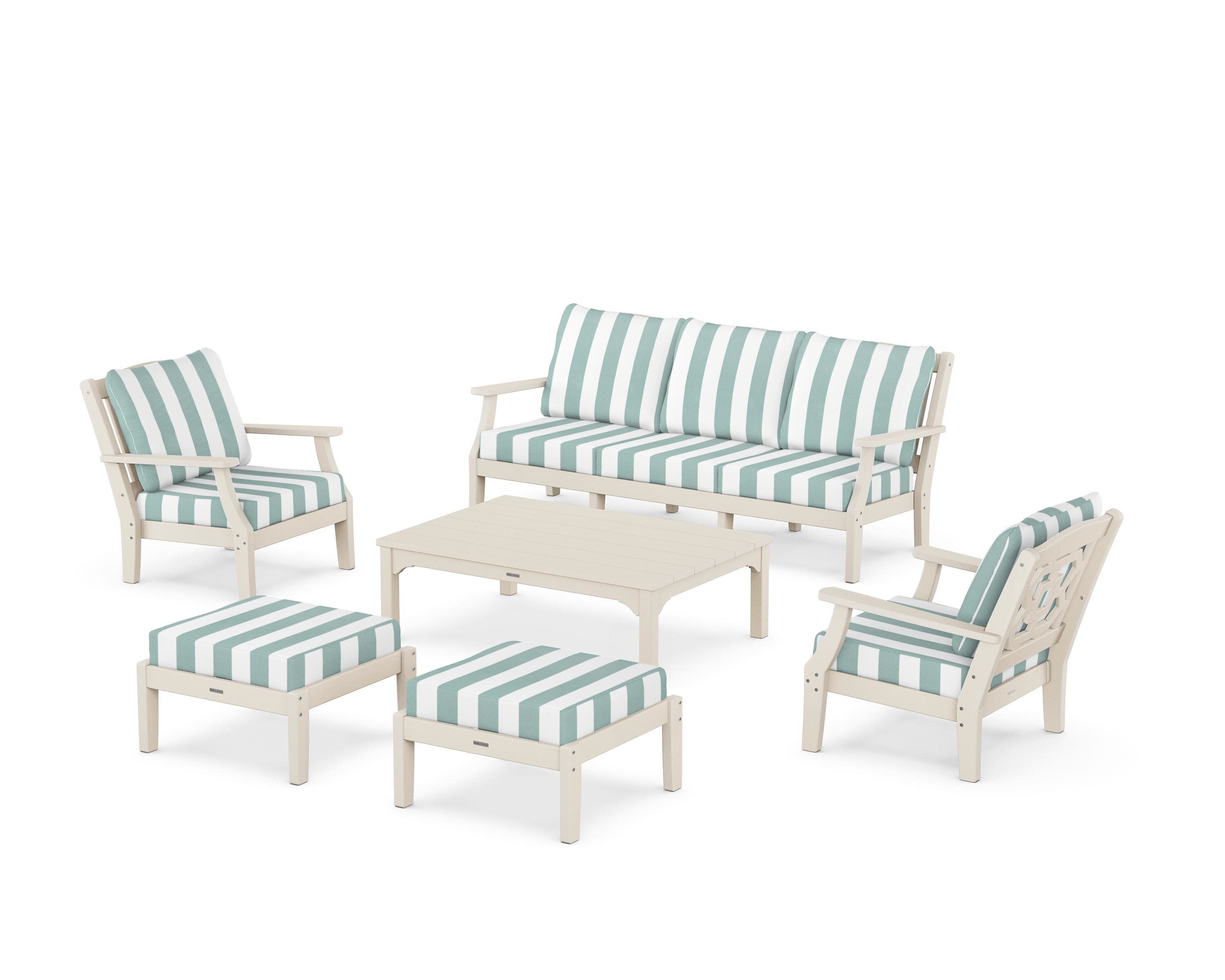 Chinoiserie 6-Piece Lounge Sofa Set in Sand / Cabana Stripe Glacier Spa