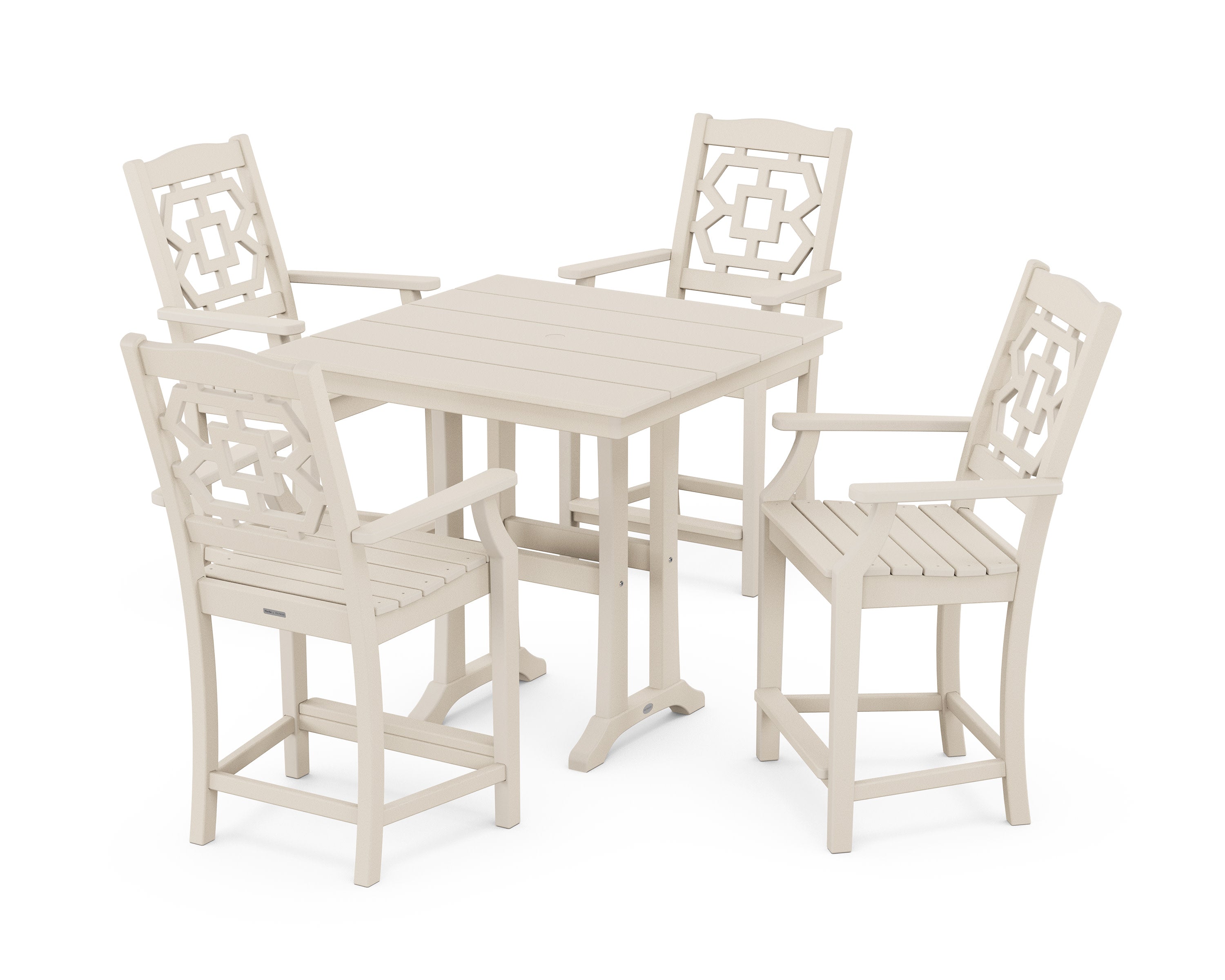 Chinoiserie 5-Piece Farmhouse Counter Set with Trestle Legs in Sand
