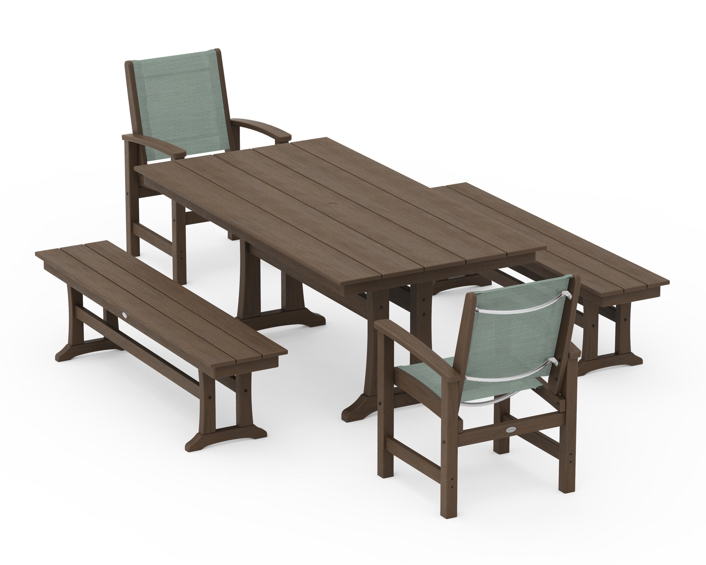 Coastal 5-Piece Farmhouse Dining Set with Trestle Legs and Benches in Kona / Dupioni Sea Mist Sling