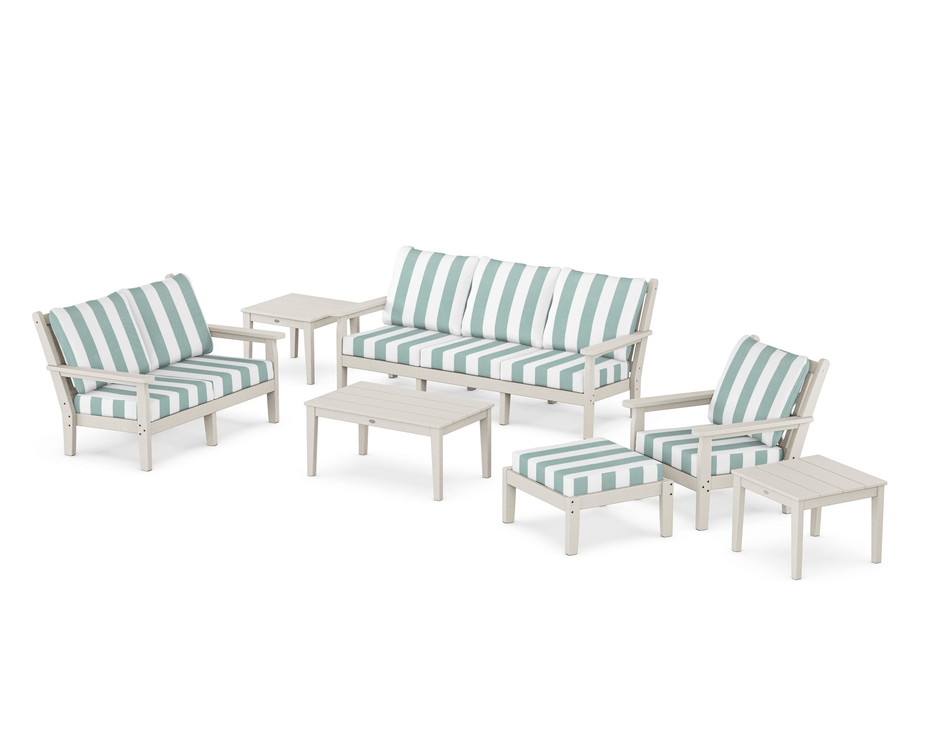 Chippendale 7-Piece Deep Seating Set in Sand / Cabana Stripe Glacier Spa