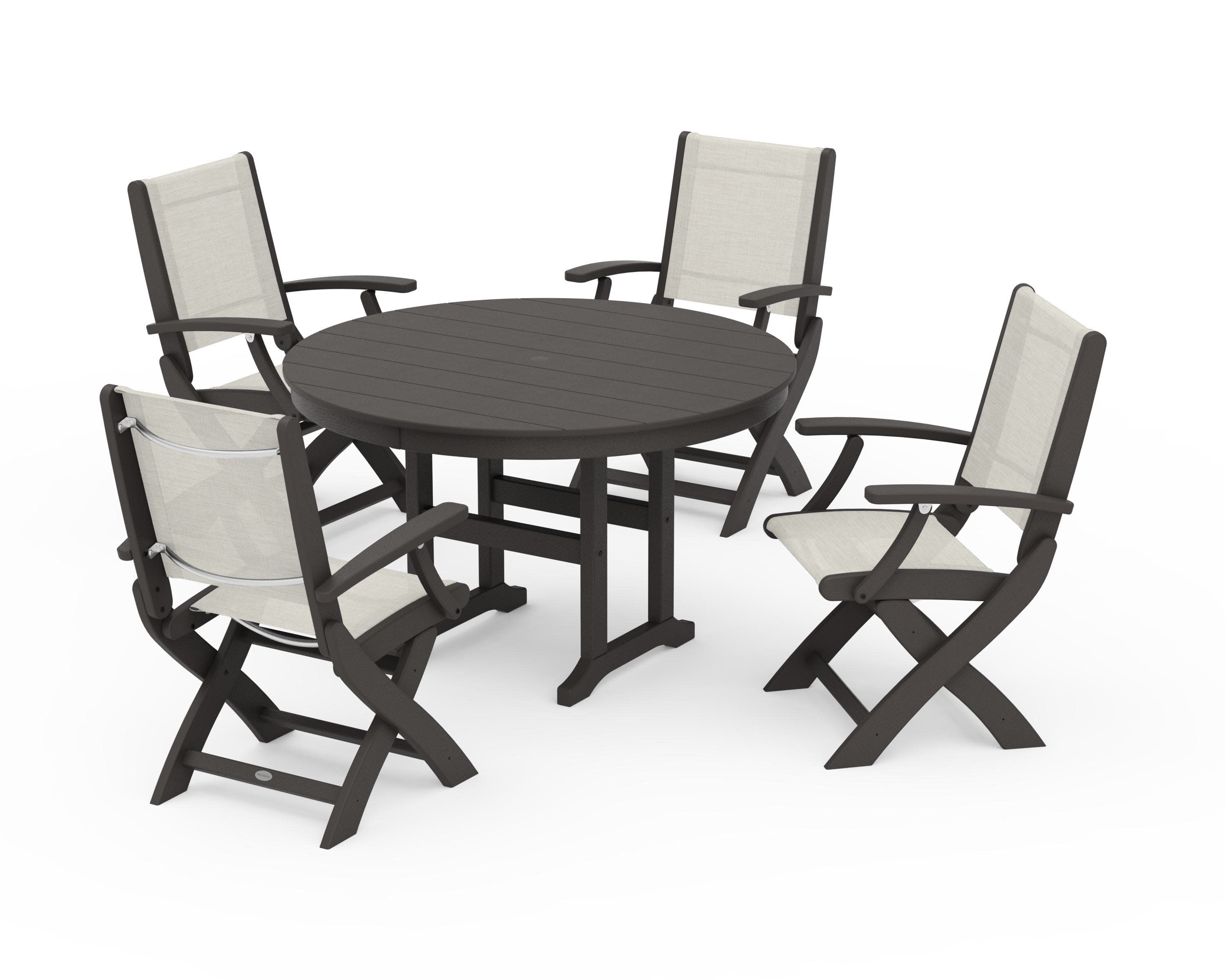 Coastal Folding Chair 5-Piece Round Dining Set in Vintage Coffee / Parchment Sling