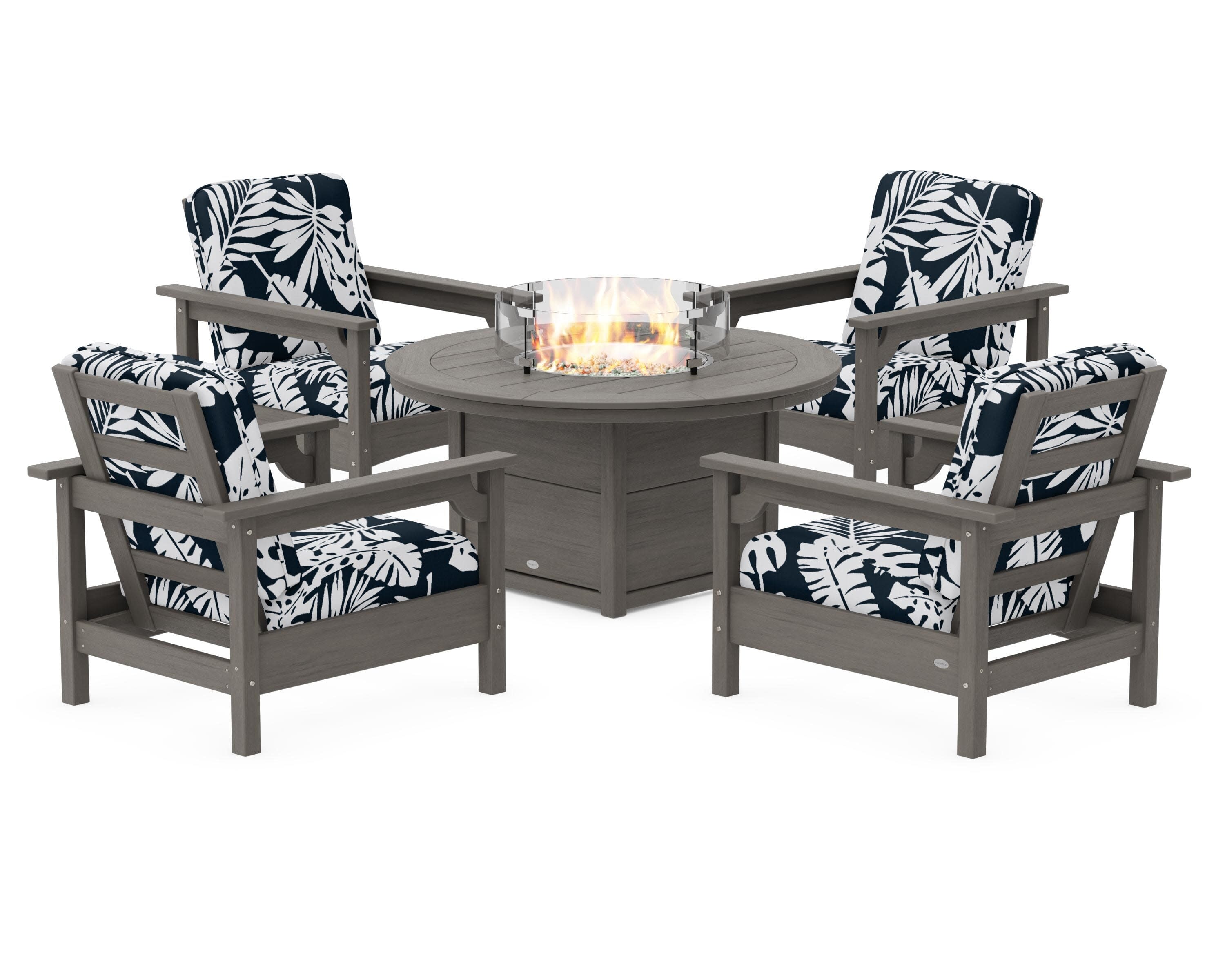 Club 5-Piece Conversation Set with Fire Pit Table in Driftwood / Leaf Marine Indigo