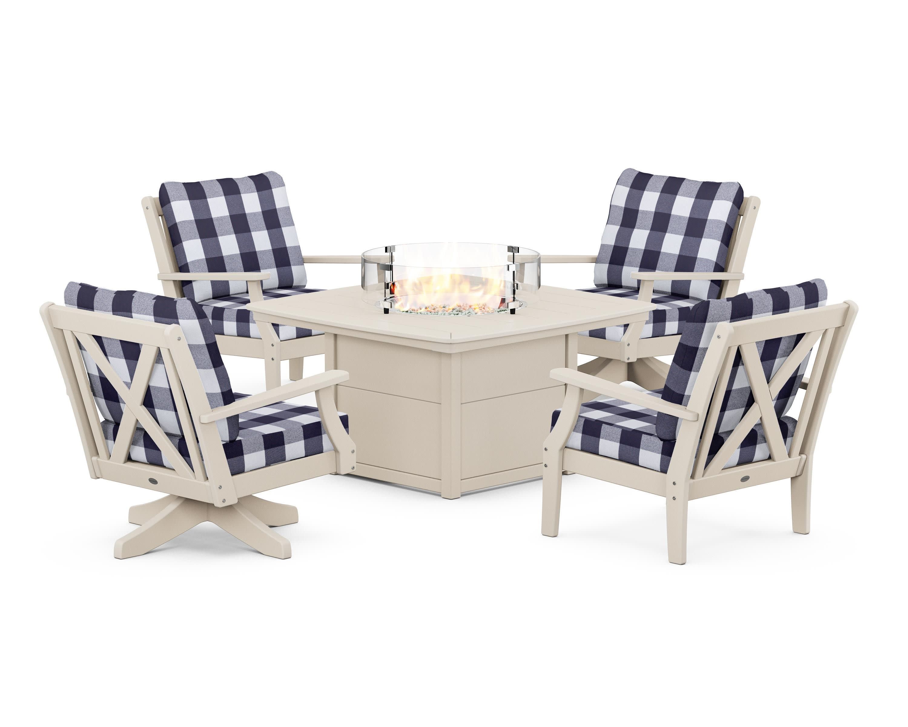 Braxton 5-Piece Deep Seating Set with Fire Table in Sand / Buffalo Plaid Navy
