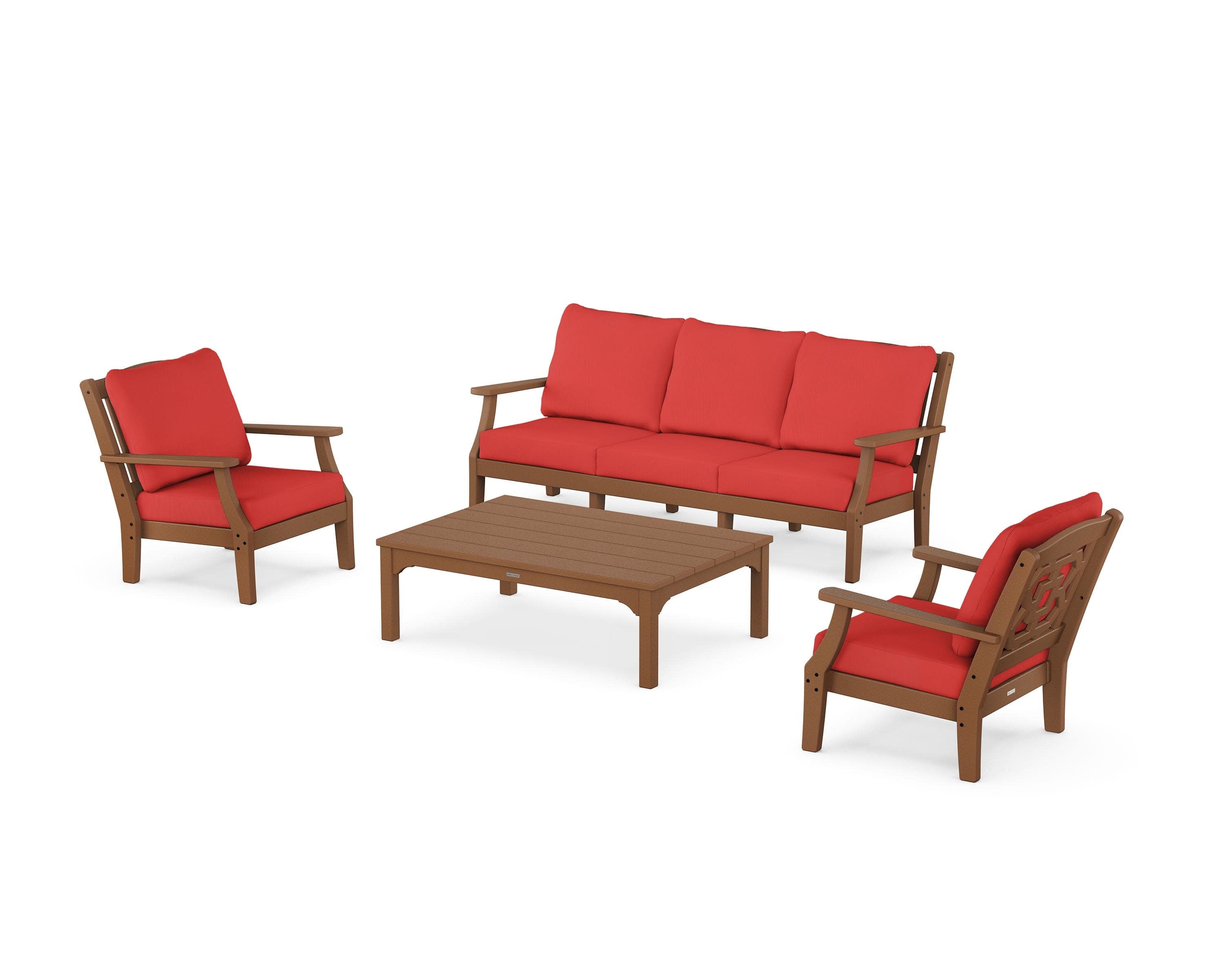 Chinoiserie 4-Piece Deep Seating Set with Sofa in Teak / Crimson Linen