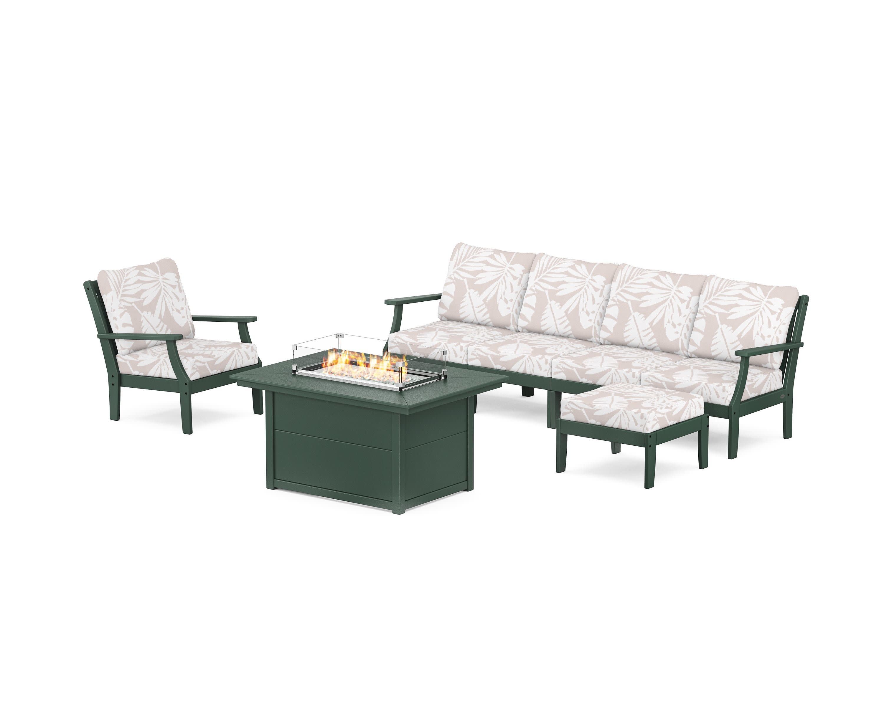 Braxton Sectional Lounge and Fire Pit Set in Green / Leaf Dune Burlap