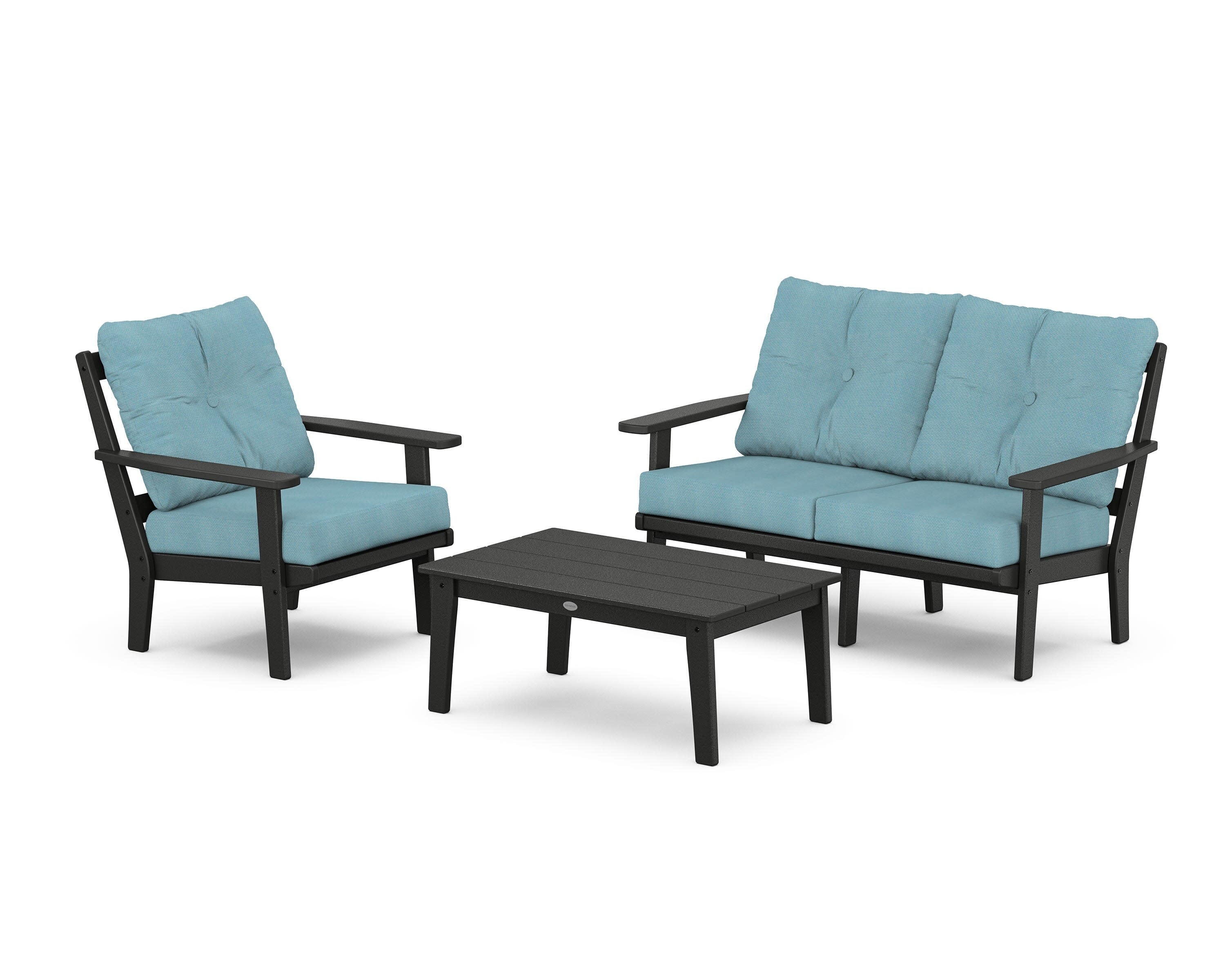 Oxford 3-Piece Deep Seating Set with Loveseat in Black / Lattice Sky Blue