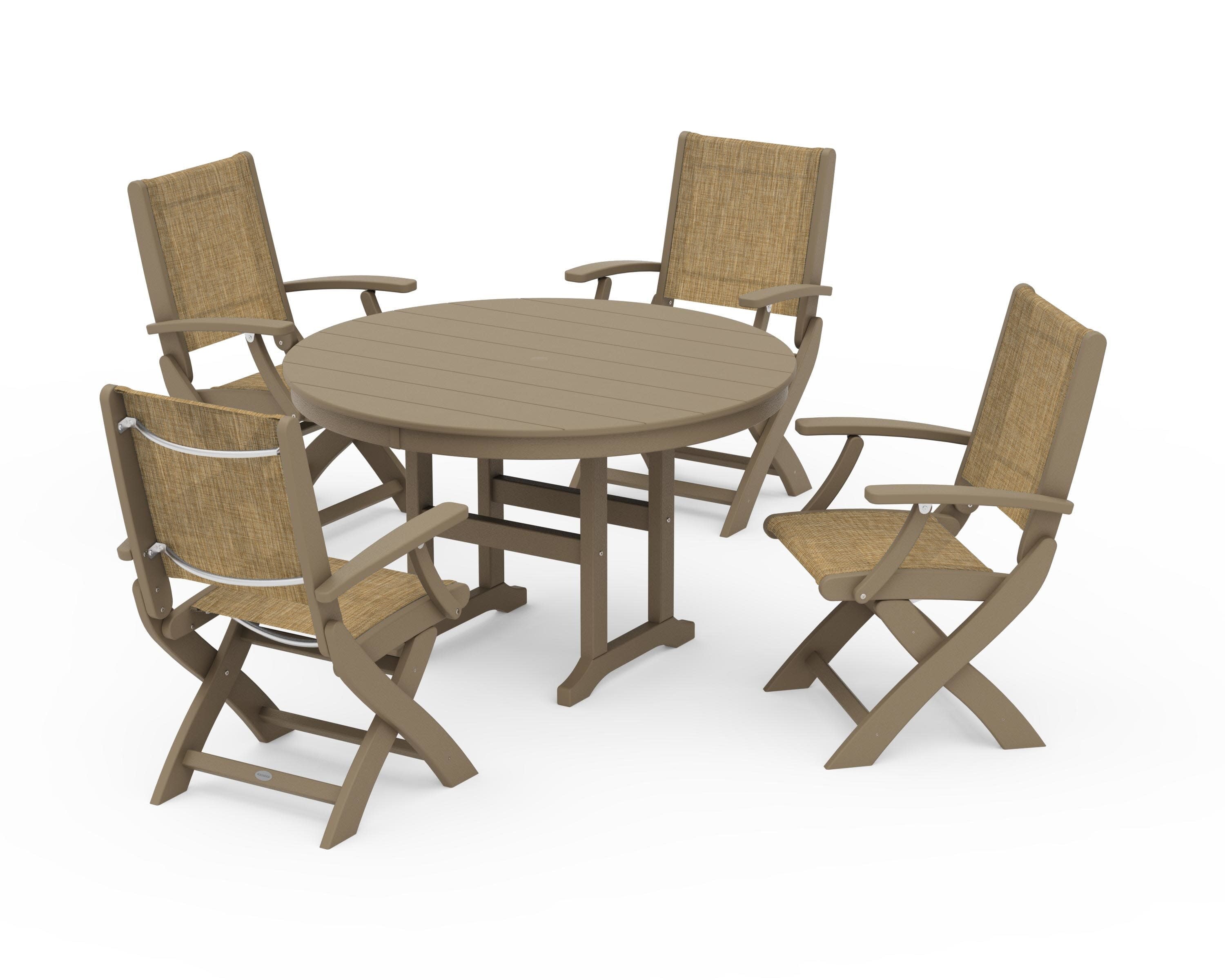 Coastal Folding Chair 5-Piece Round Dining Set in Vintage Sahara / Burlap Sling