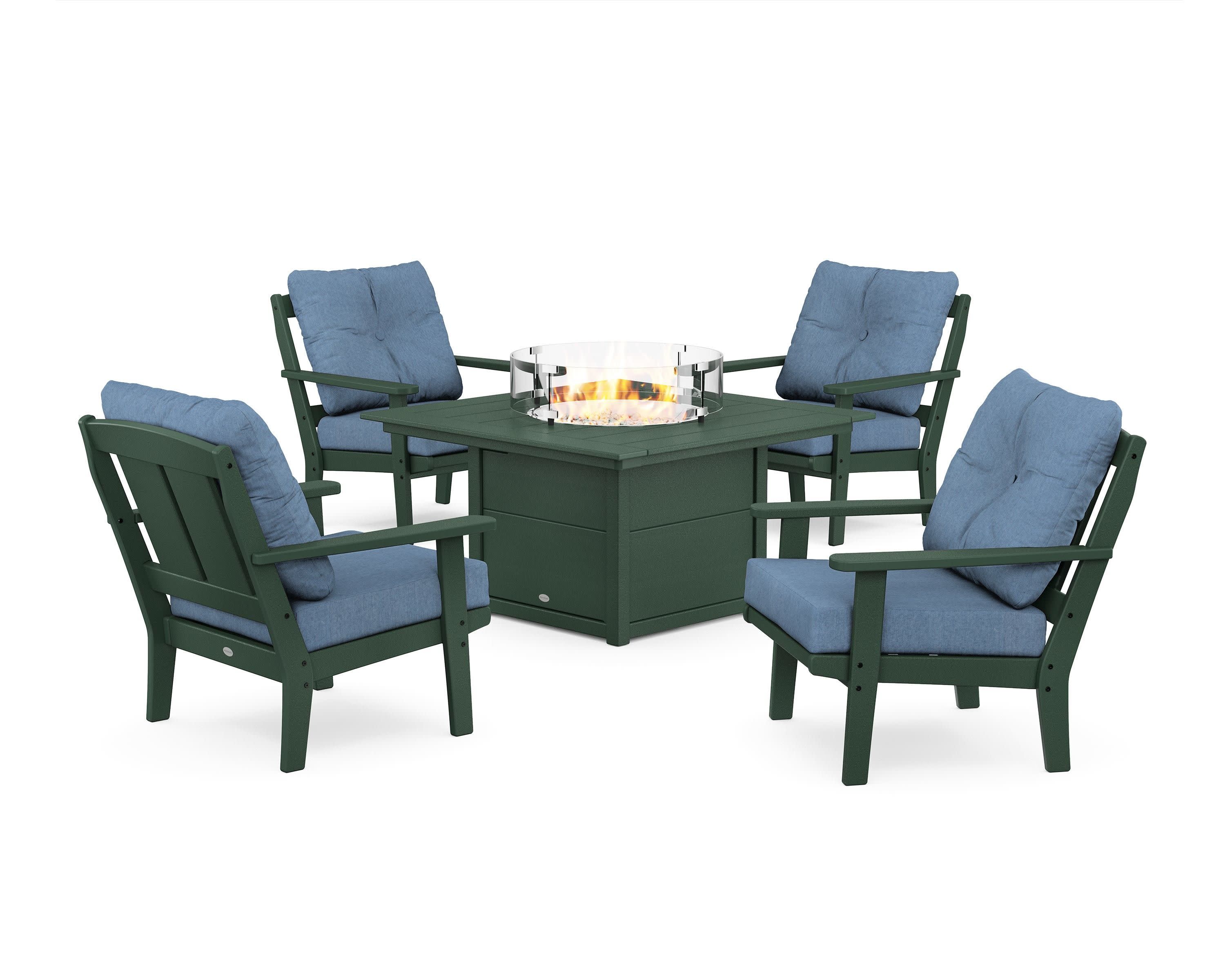 Mission 5-Piece Deep Seating Set with Fire Pit Table in Green / Sky Blue