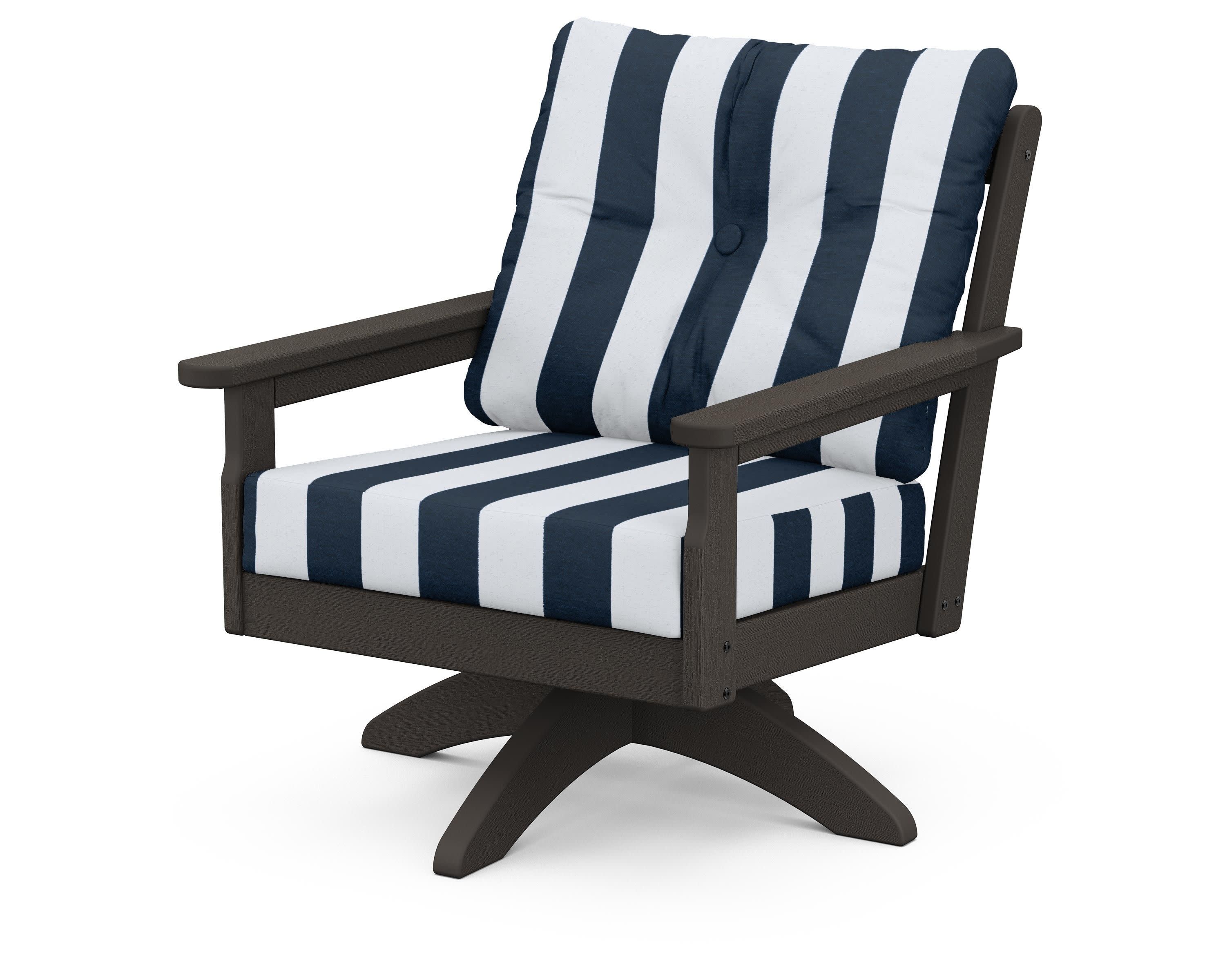 Vineyard Deep Seating Swivel Chair in Vintage Coffee / Cabana Stripe Marine Indigo