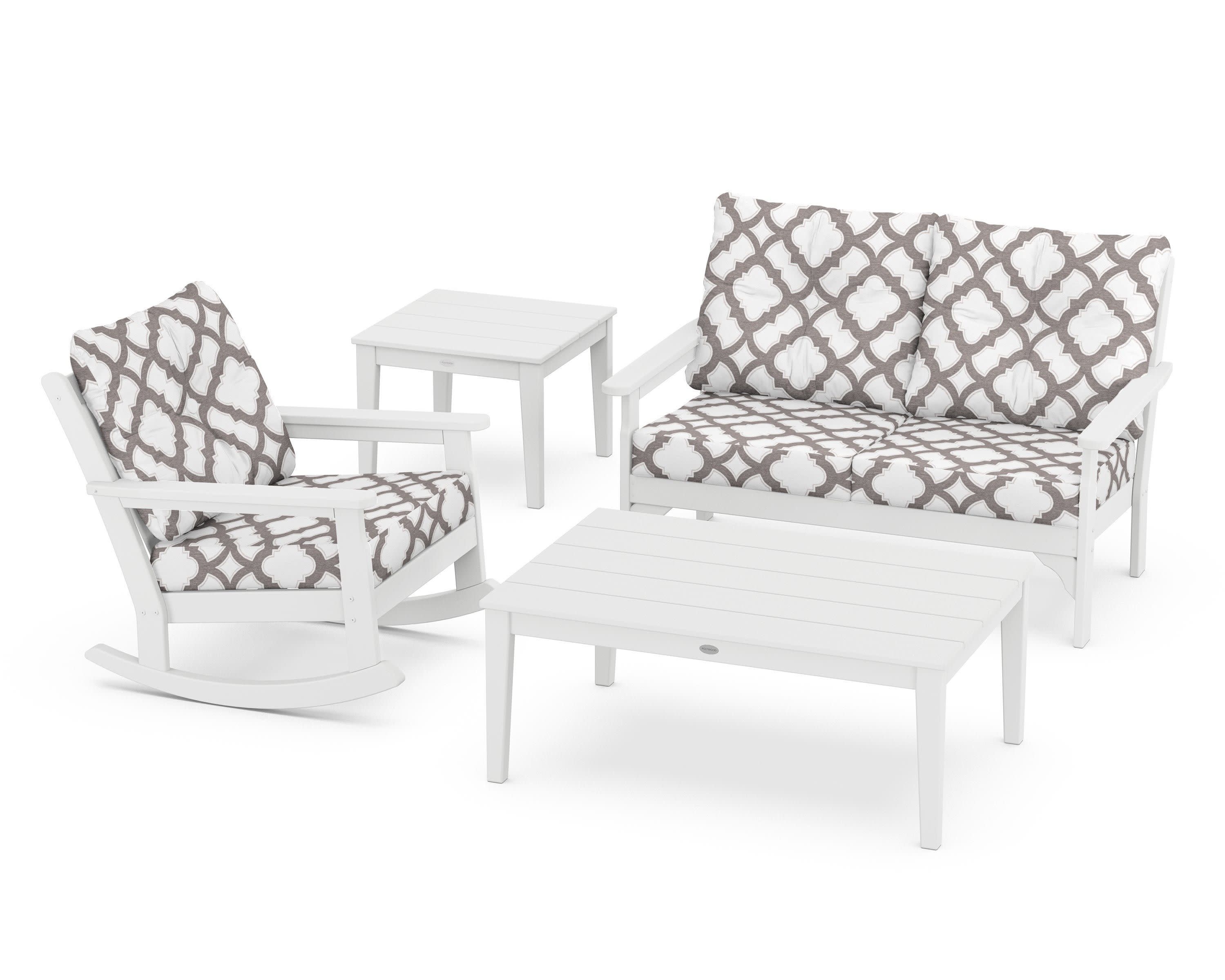 Vineyard 4-Piece Deep Seating Rocker Set in White / Trellis Grey Mist