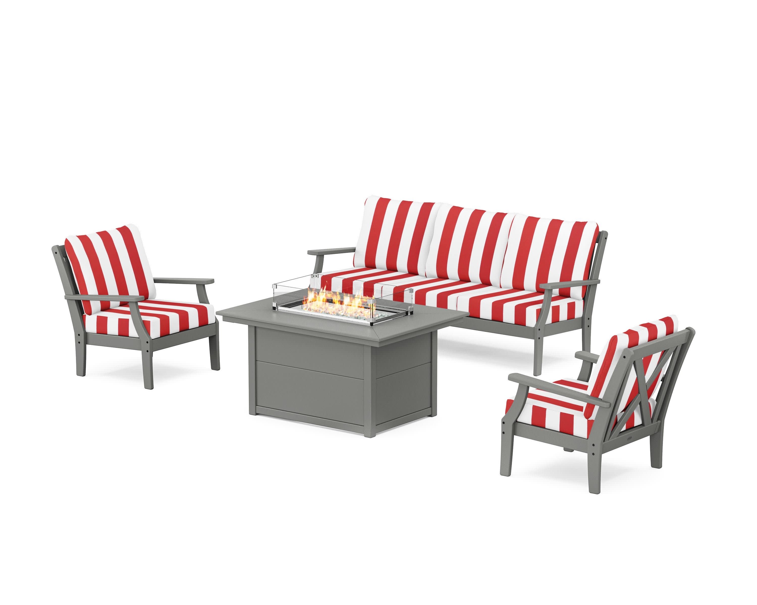 Braxton Deep Seating Fire Pit Table Set in Slate Grey / Cabana Stripe Crimson