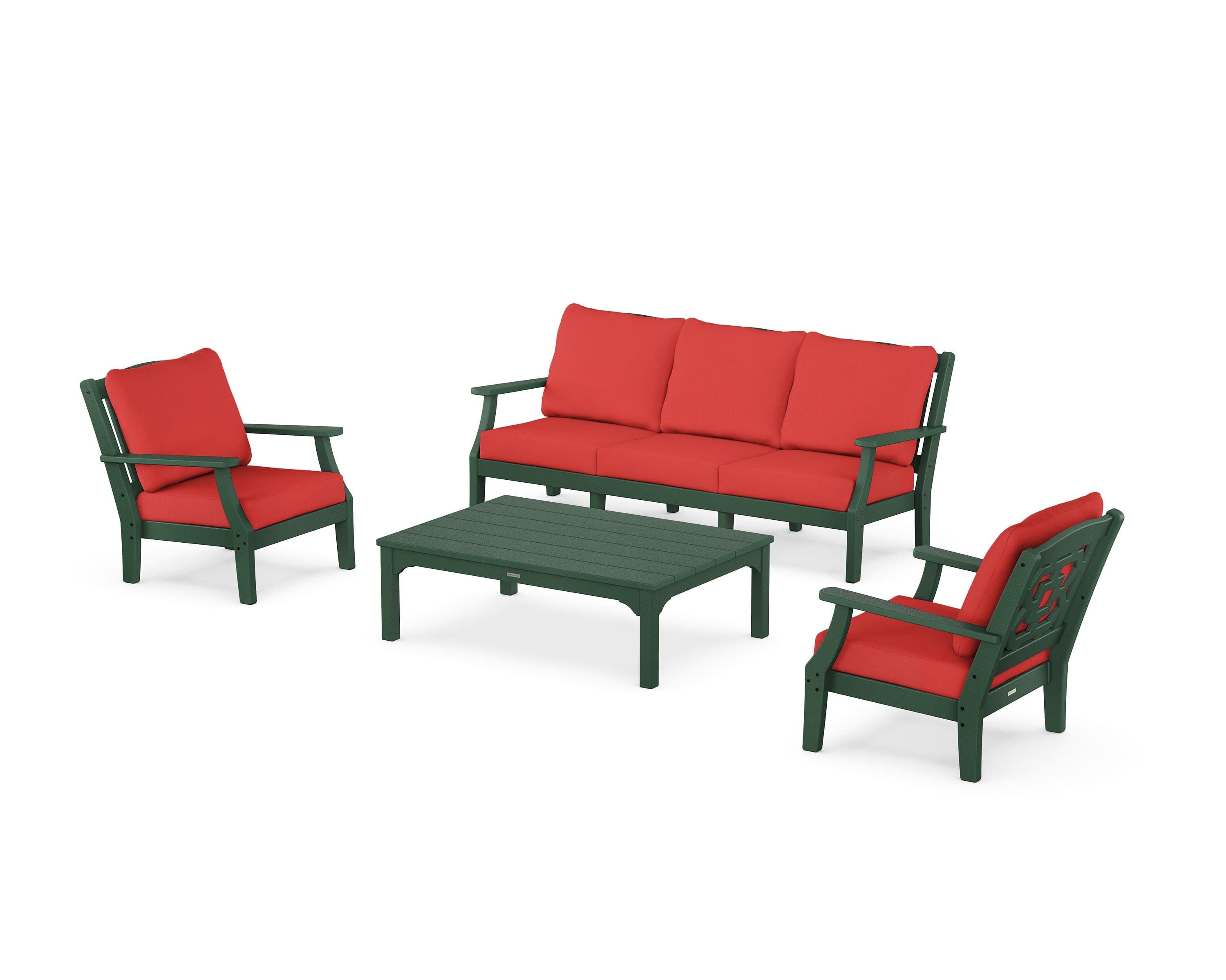 Chinoiserie 4-Piece Deep Seating Set with Sofa in Green / Crimson Linen