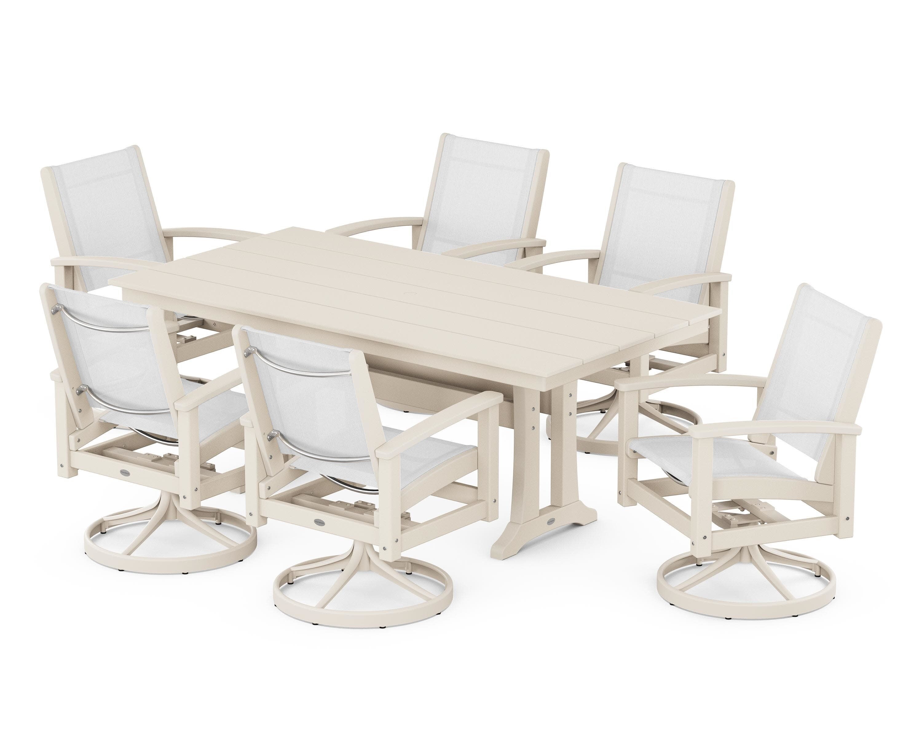 7 Piece Coastal Swivel Rocker Dining Set in Satin Tan / Sand / White Sling