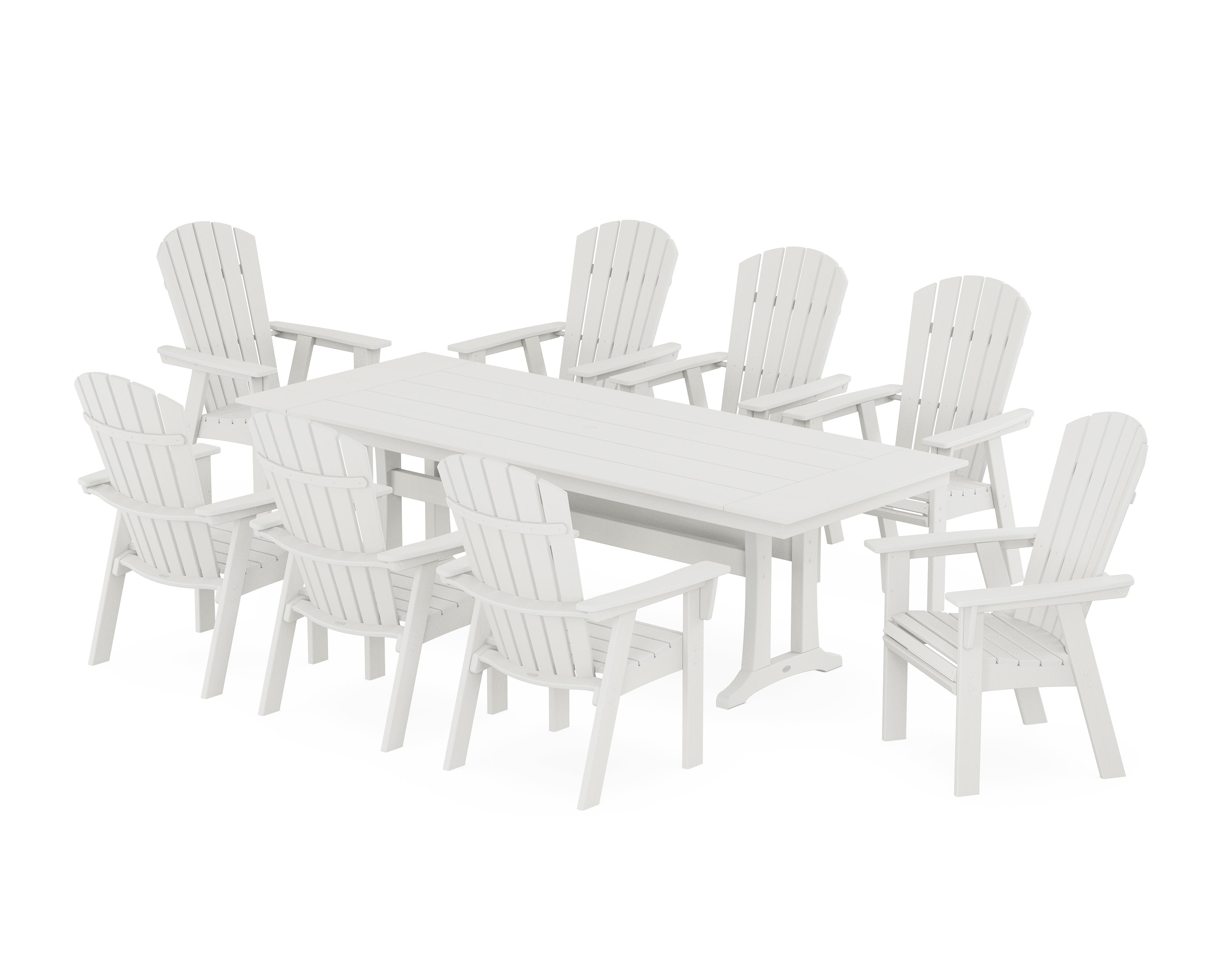 Nautical 9-Piece Curveback Adirondack Farmhouse Dining Set with Trestle Legs in Vintage White